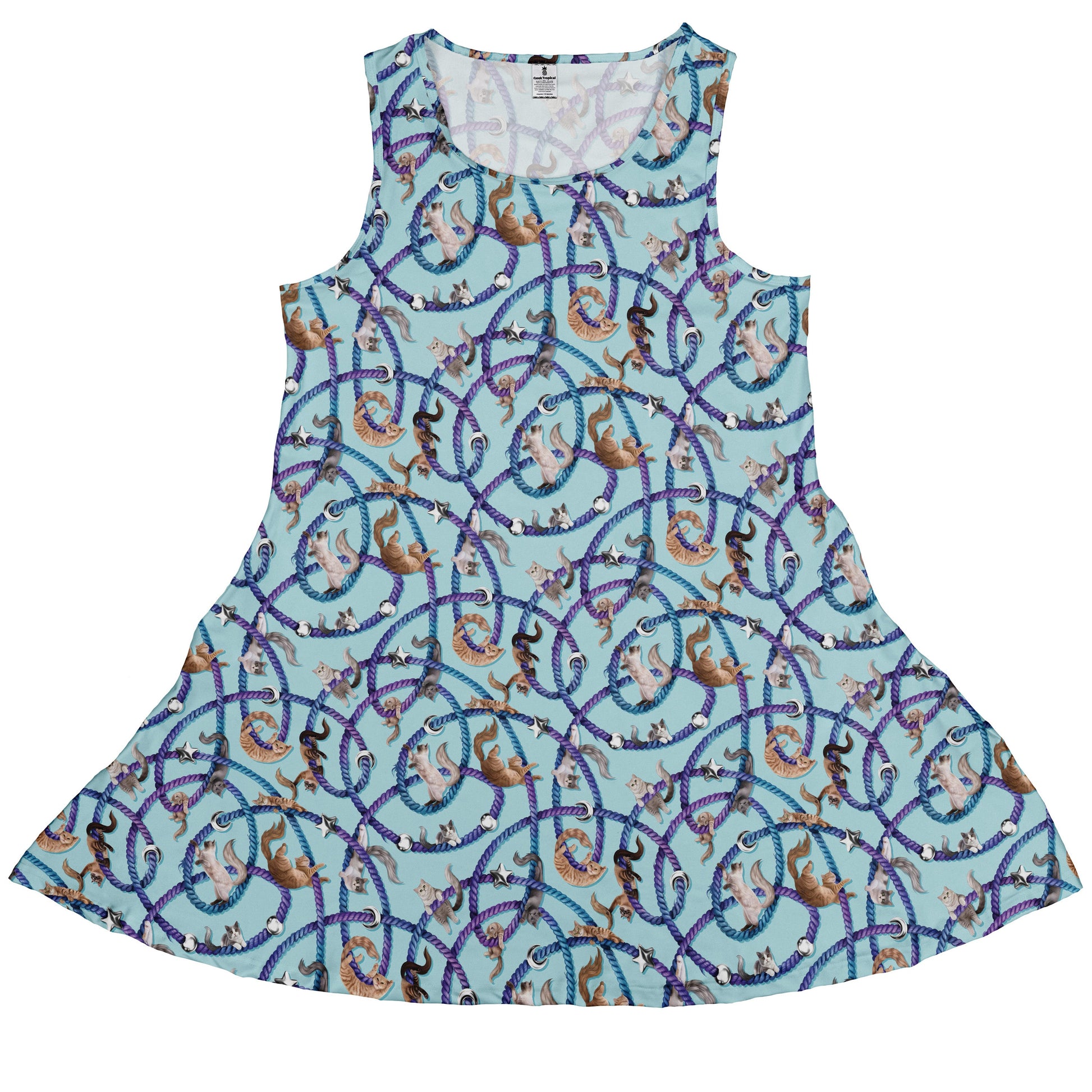 Cosmic Yarn Cats Teal Sleeveless Dress front
