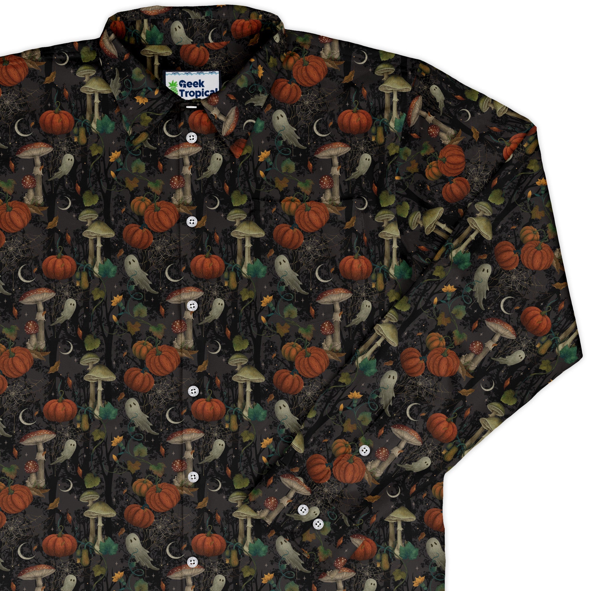 Cottagecore Halloween Mushroom Long Sleeve Button Up Shirt Geek Nerd adult sizing Botany Print Design by Episodic