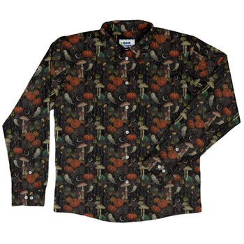 Cottagecore Halloween Mushroom Long Sleeve Button Up Shirt Geek Nerd adult sizing Botany Print Design by Episodic