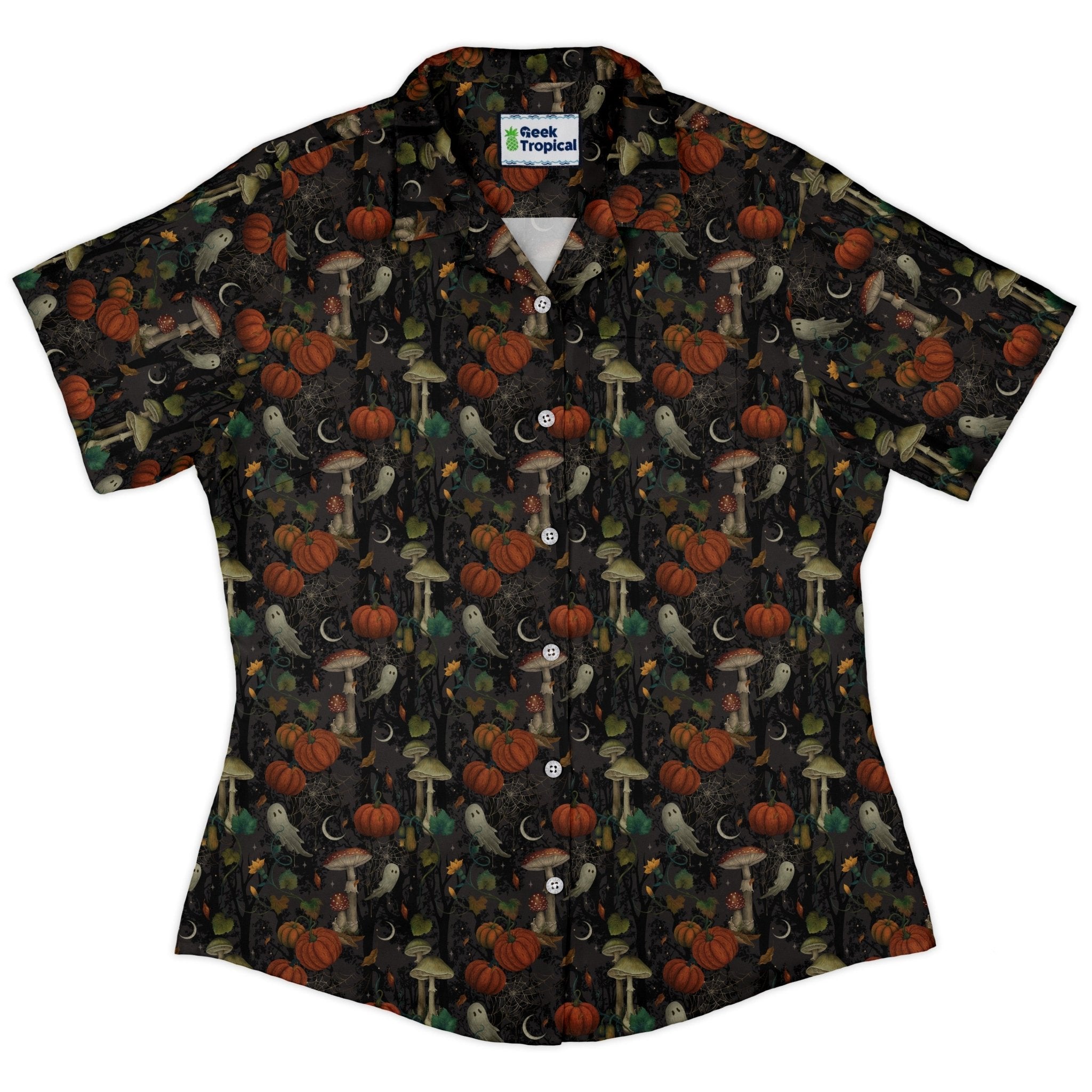 Cottagecore Halloween Mushroom Curvy Button Up Shirt Geek Nerd Botany Print Design by Episodic halloween