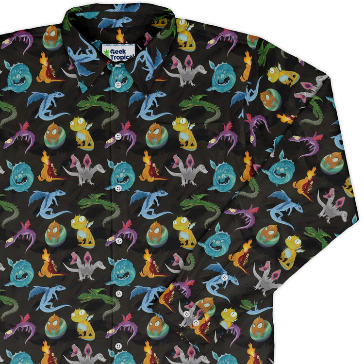 Cute Baby Dragons Long Sleeve Button Up Shirt Geek Nerd adult sizing Animal Patterns Designs by Nathan