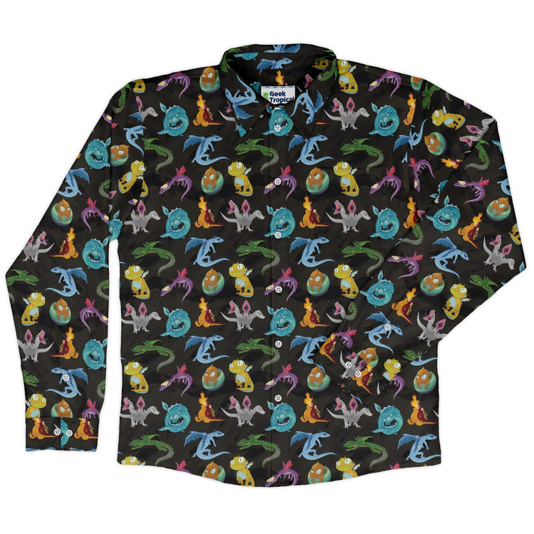 Cute Baby Dragons Long Sleeve Button Up Shirt Geek Nerd adult sizing Animal Patterns Designs by Nathan