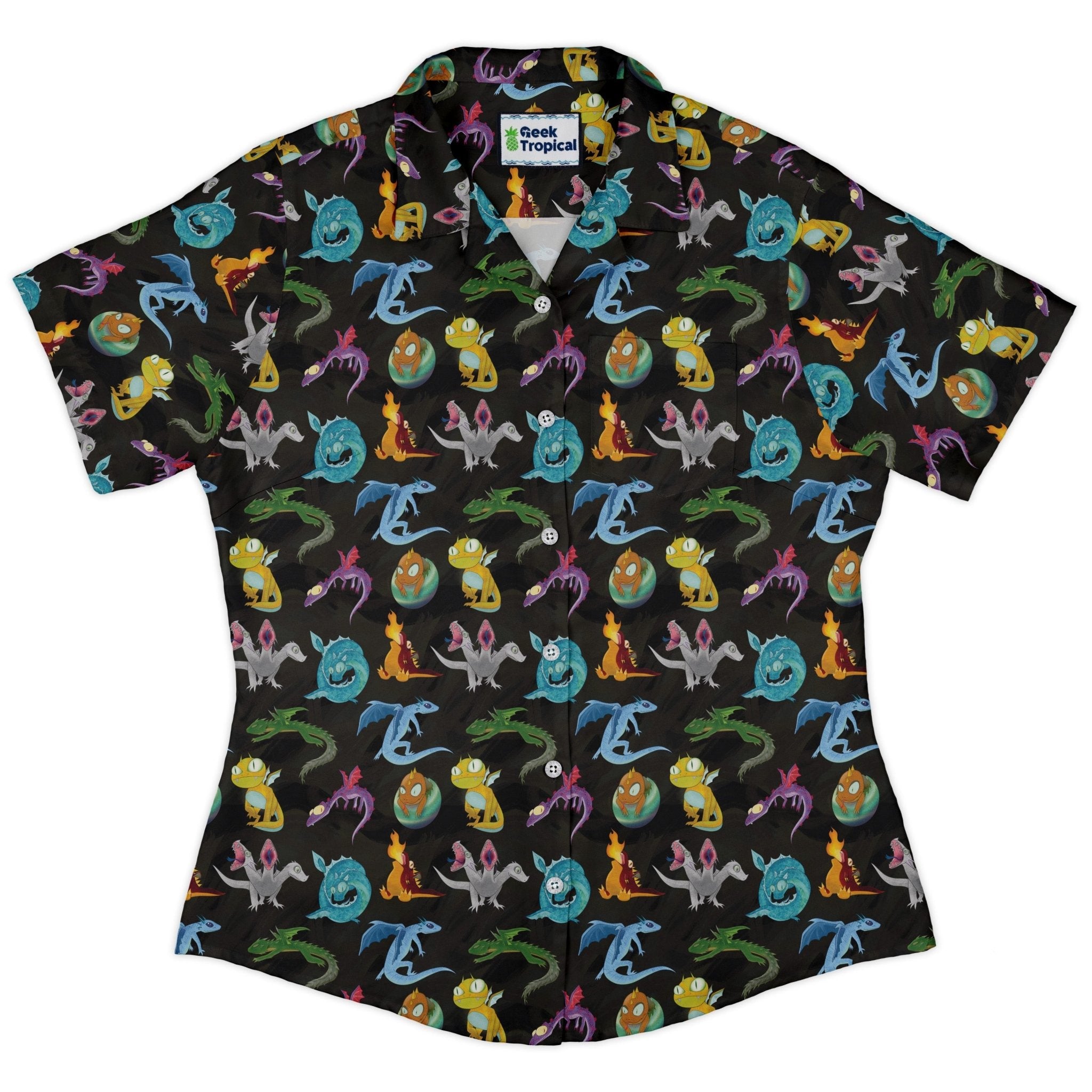 Cute Baby Dragons Curvy Button Up Shirt Geek Nerd Animal Patterns Designs by Nathan Fantasy Prints