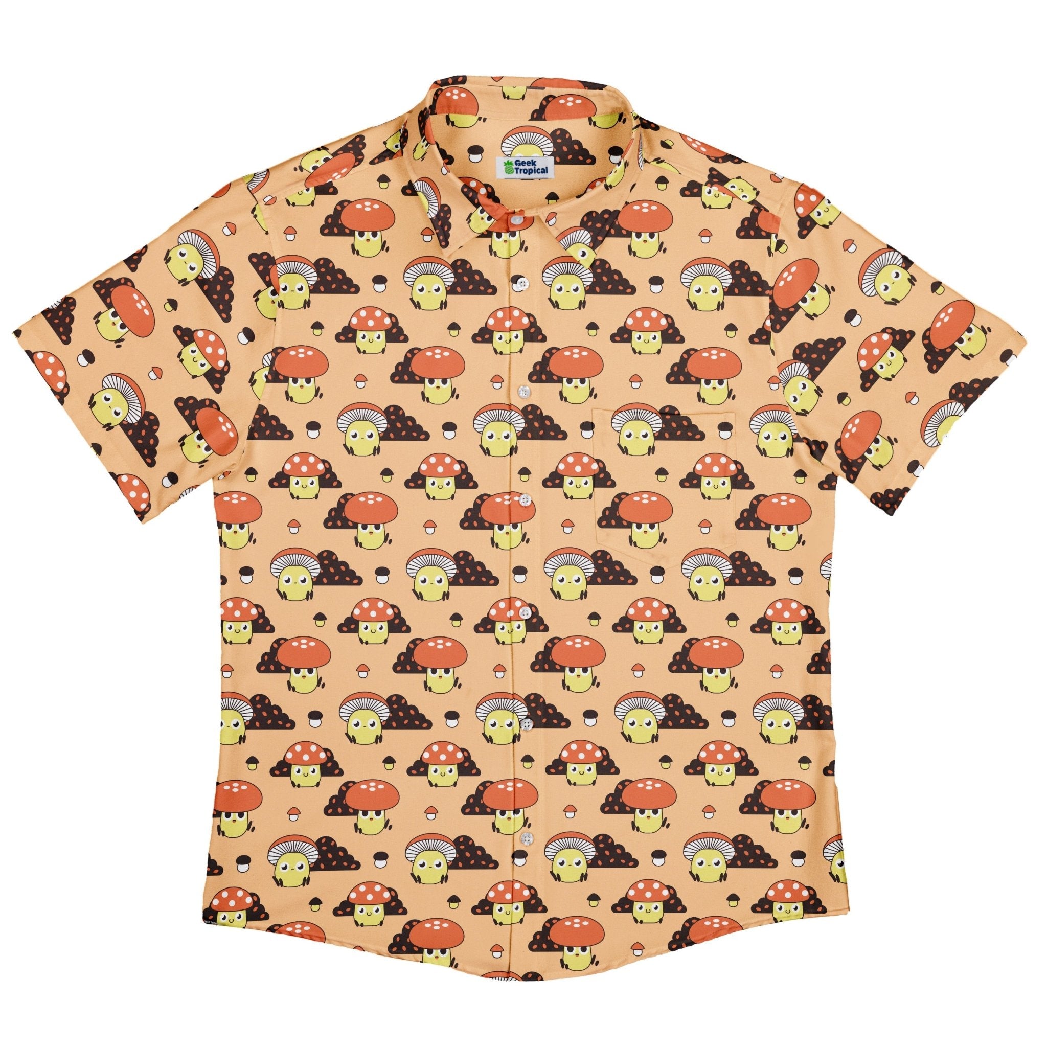 Cute Mushroom Fungi and Slime Orange Pink Video Game Button Up Shirt - adult sizing - Botany Print - video game arcade print