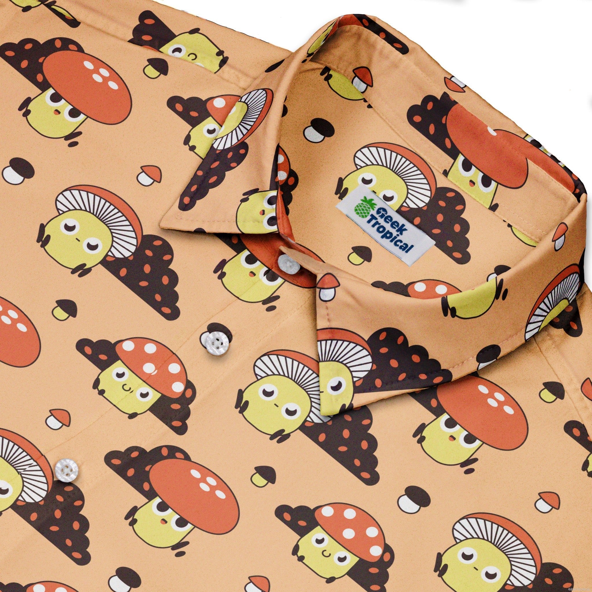 Cute Mushroom Fungi and Slime Orange Pink Video Game Button Up Shirt - adult sizing - Botany Print - video game arcade print