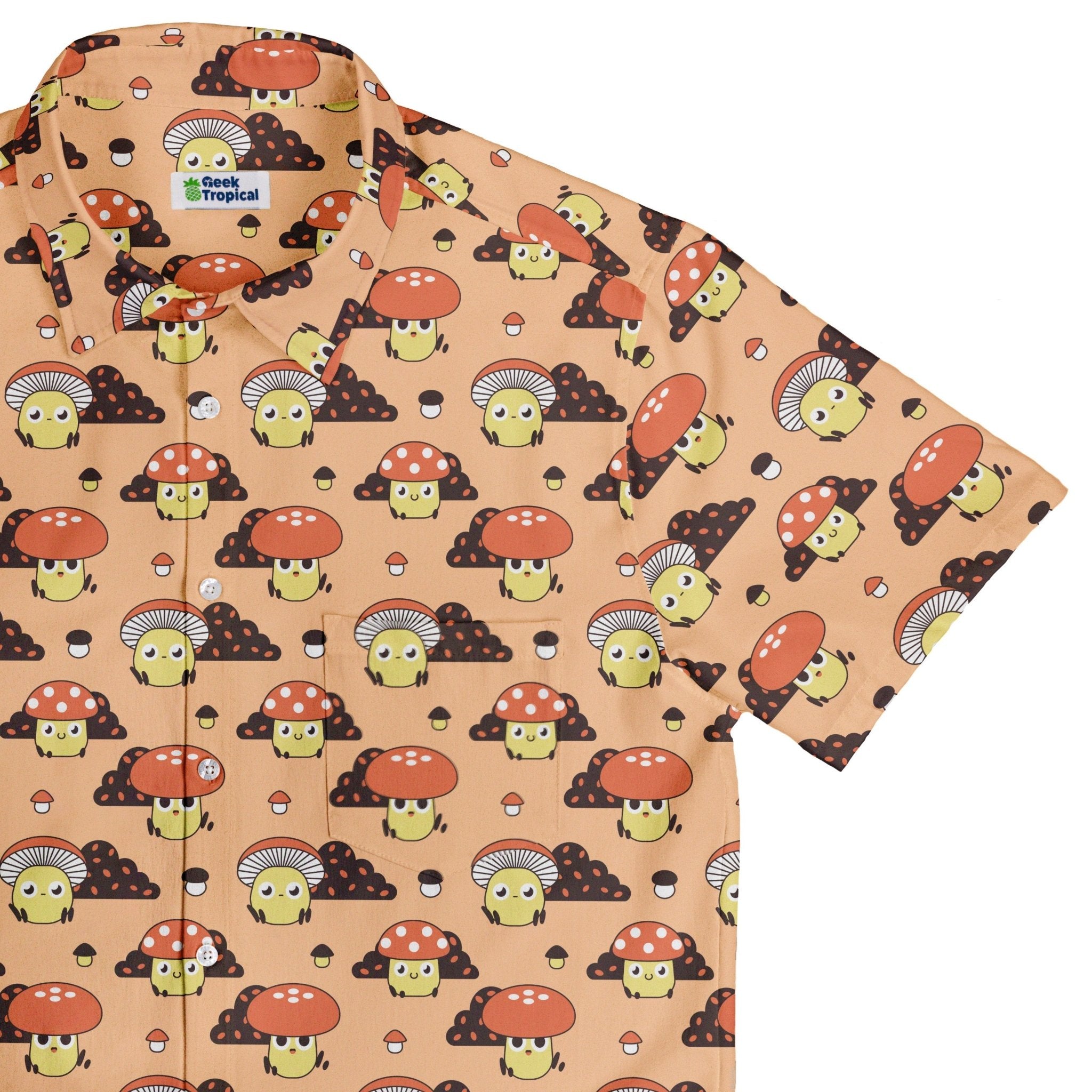 Cute Mushroom Fungi and Slime Orange Pink Video Game Button Up Shirt - adult sizing - Botany Print - video game arcade print