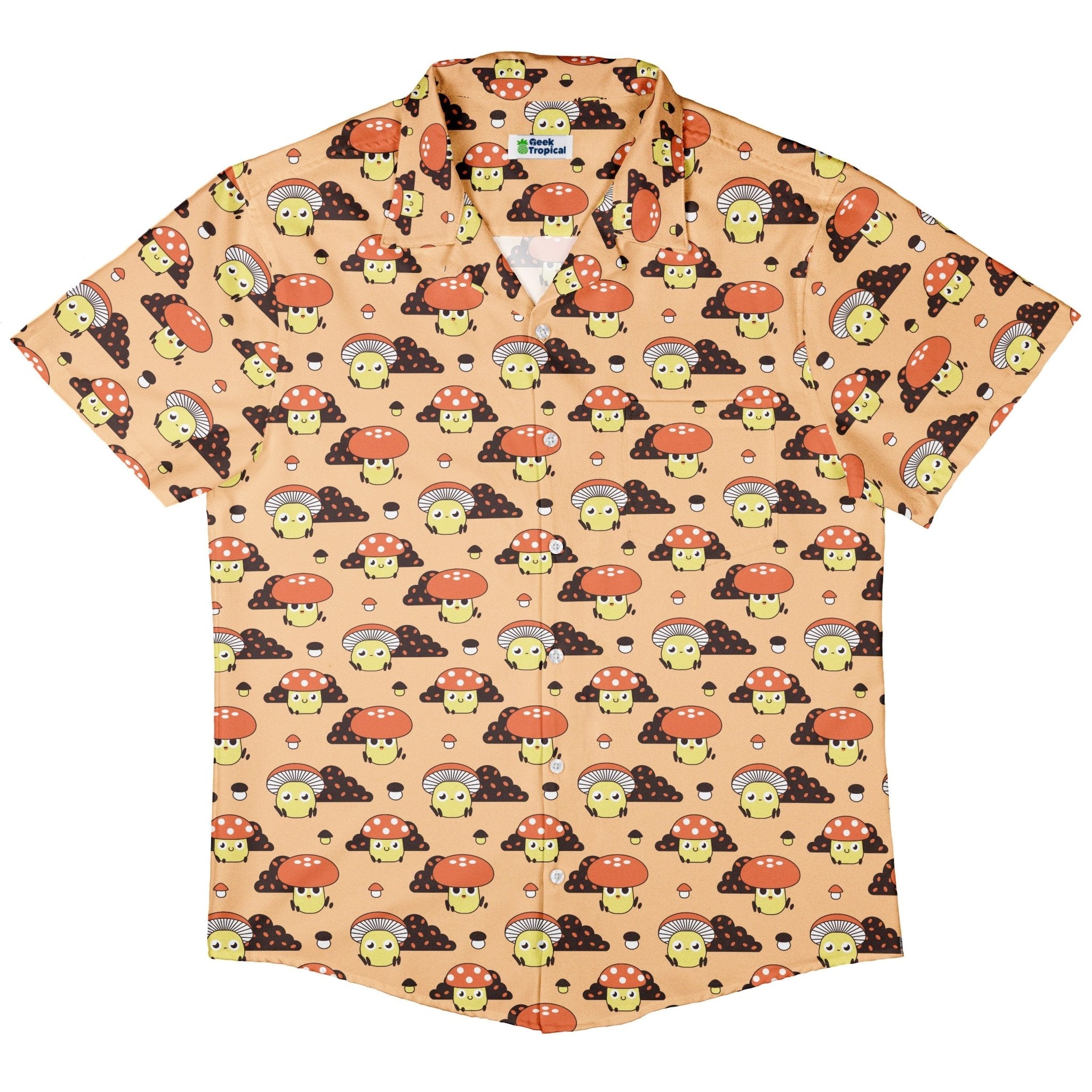 Cute Mushroom Fungi and Slime Orange Pink Video Game Button Up Shirt - adult sizing - Botany Print - video game arcade print