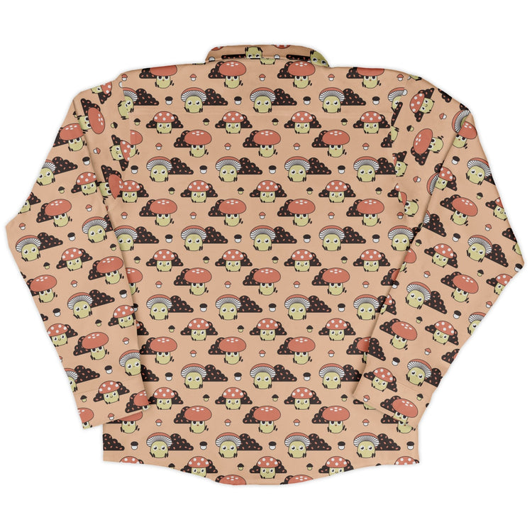 Cute Mushroom Fungi and Slime Long Sleeve Button Up Shirt Geek Nerd adult sizing Botany Print FLOW DESC WRITING