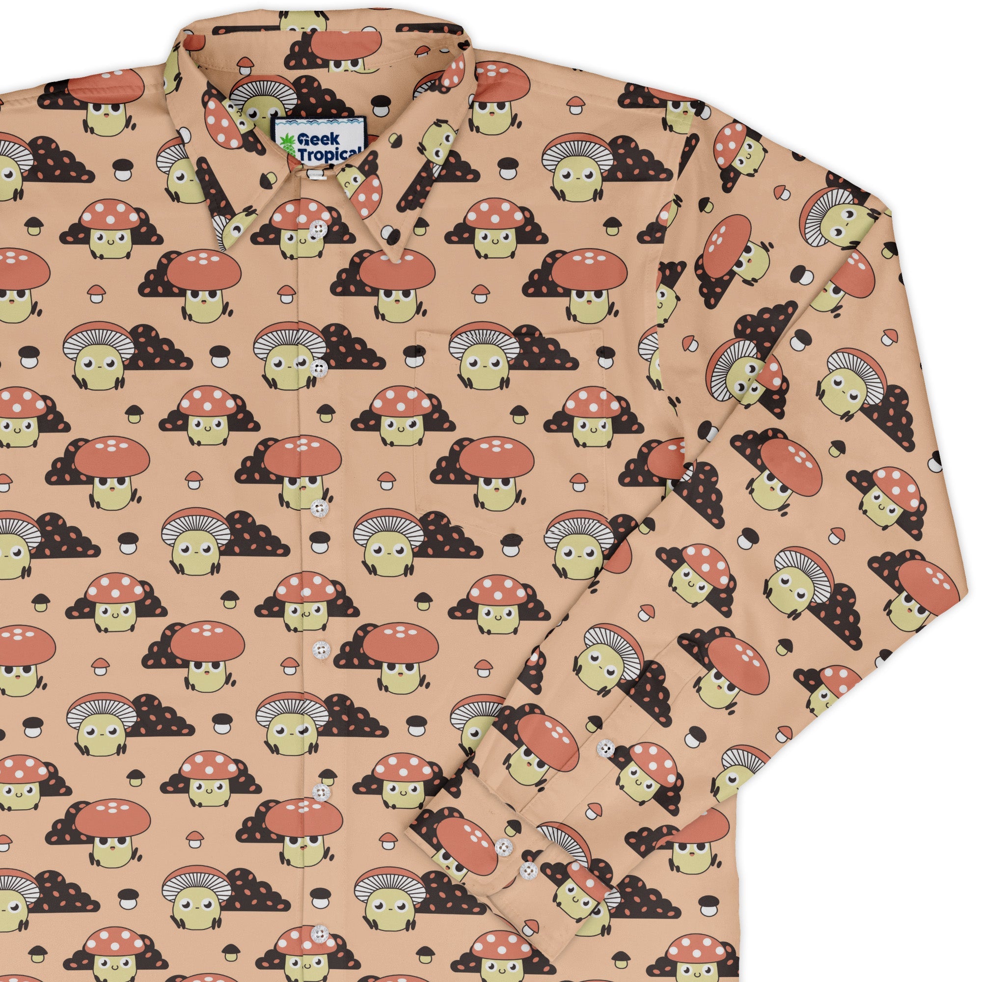 Cute Mushroom Fungi and Slime Long Sleeve Button Up Shirt Geek Nerd adult sizing Botany Print FLOW DESC WRITING