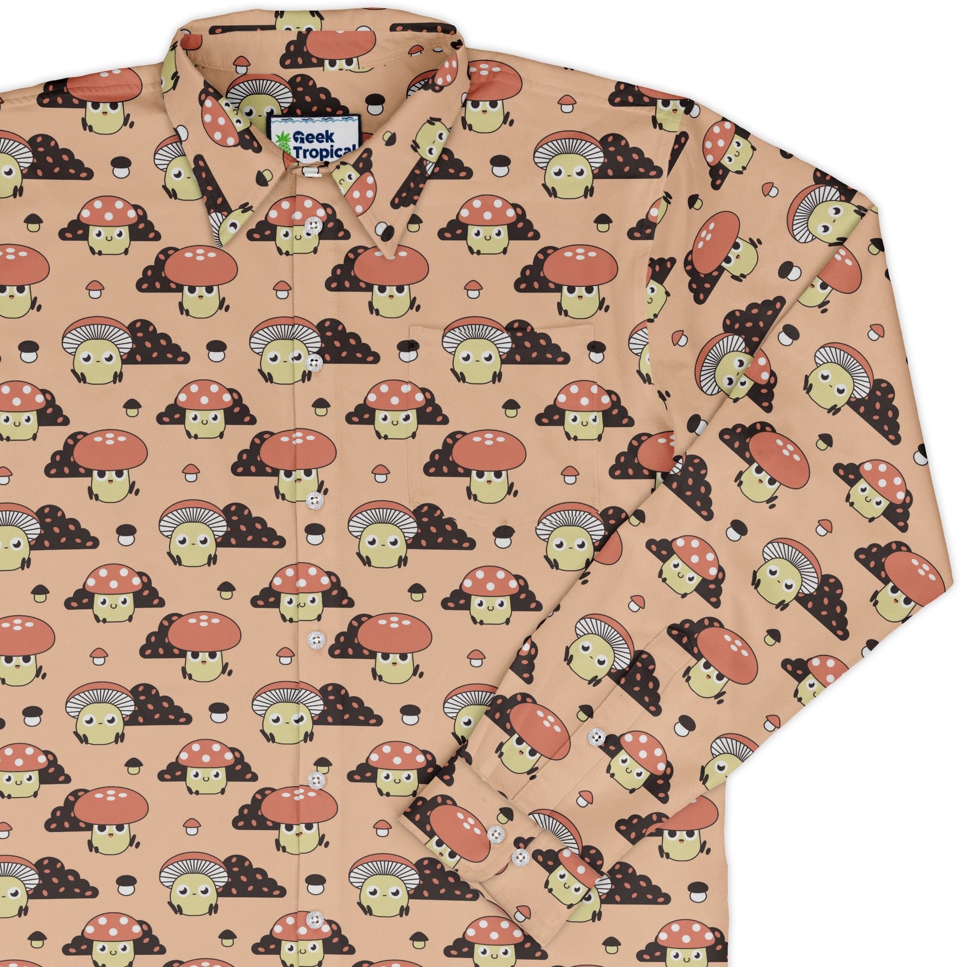 Cute Mushroom Fungi and Slime Long Sleeve Button Up Shirt Geek Nerd adult sizing Botany Print FLOW DESC WRITING