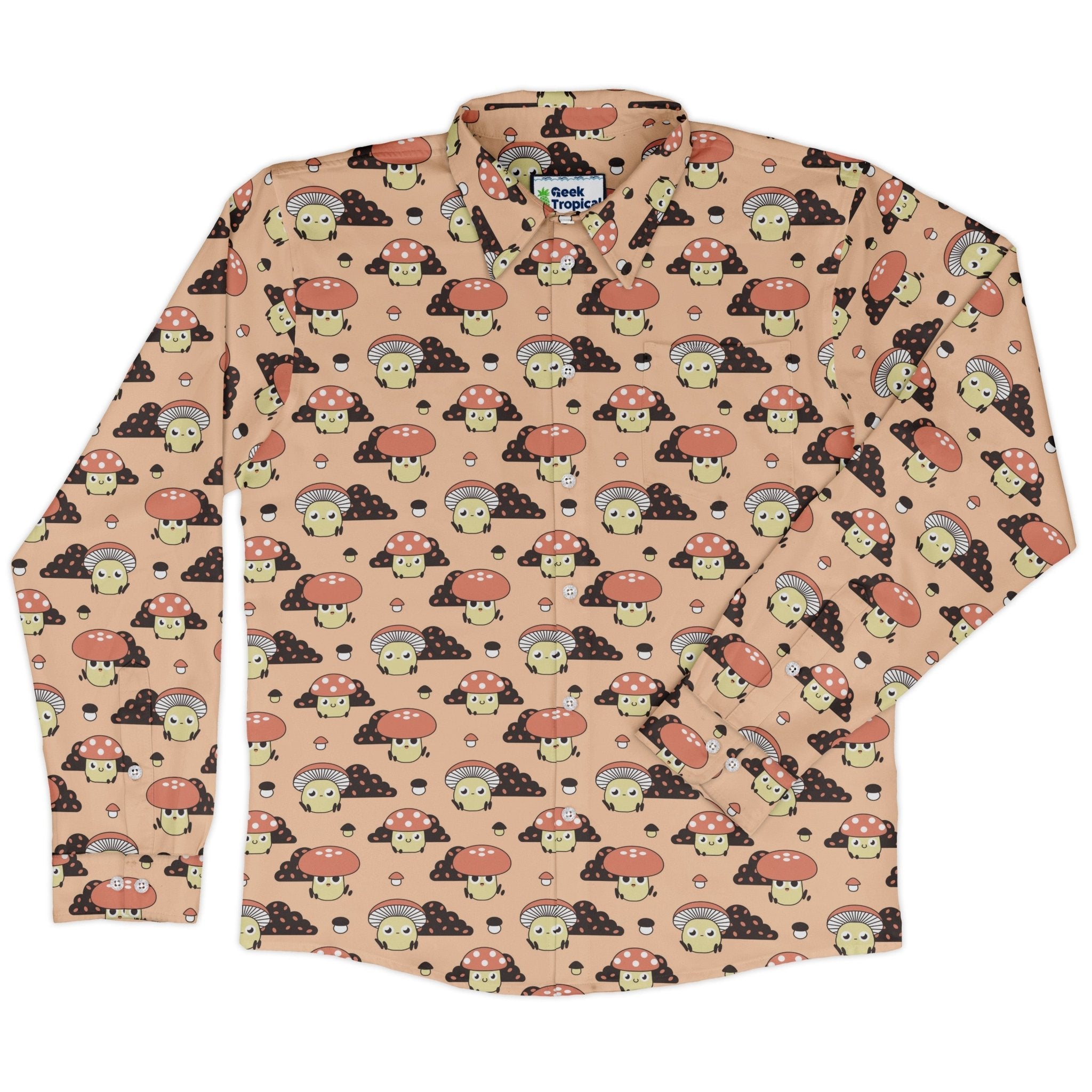 Cute Mushroom Fungi and Slime Long Sleeve Button Up Shirt Geek Nerd adult sizing Botany Print FLOW DESC WRITING
