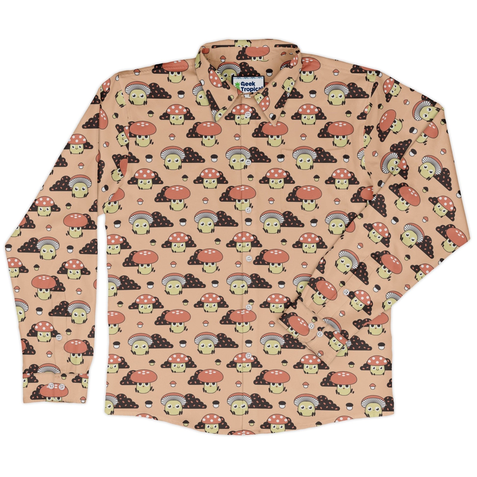 Cute Mushroom Fungi and Slime Long Sleeve Button Up Shirt Geek Nerd adult sizing Botany Print FLOW DESC WRITING