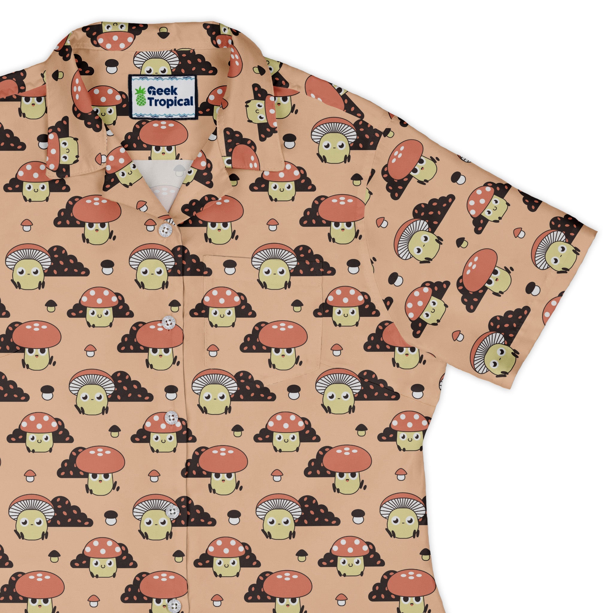 Cute Mushroom Fungi and Slime Curvy Button Up Shirt Geek Nerd Botany Print video game arcade print women