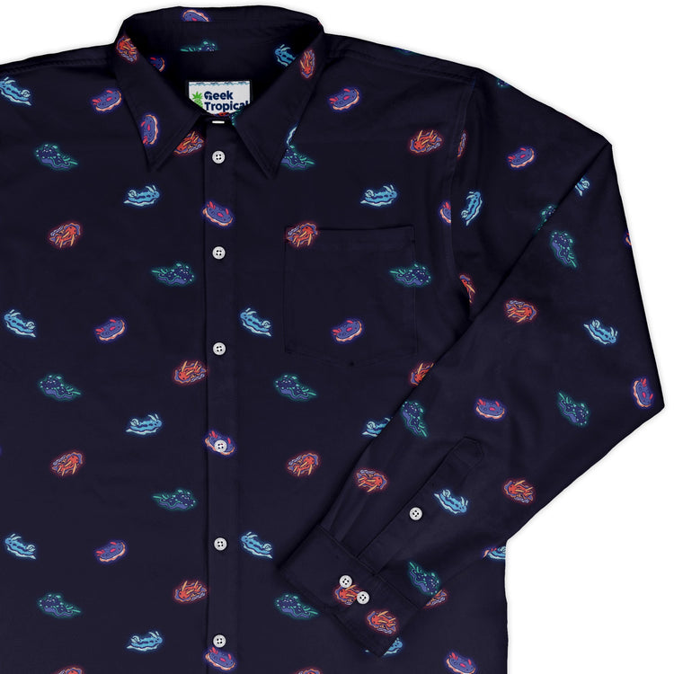 Cute Sea Slugs Long Sleeve Button Up Shirt Geek Nerd adult sizing anime Design by Ardi Tong