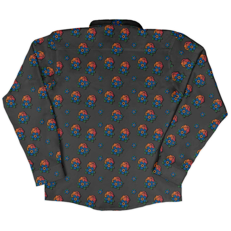 D20 Floral Hawaiian Gray Long Sleeve Button Up Shirt Geek Nerd adult sizing Design by Heather Davenport dnd & rpg print