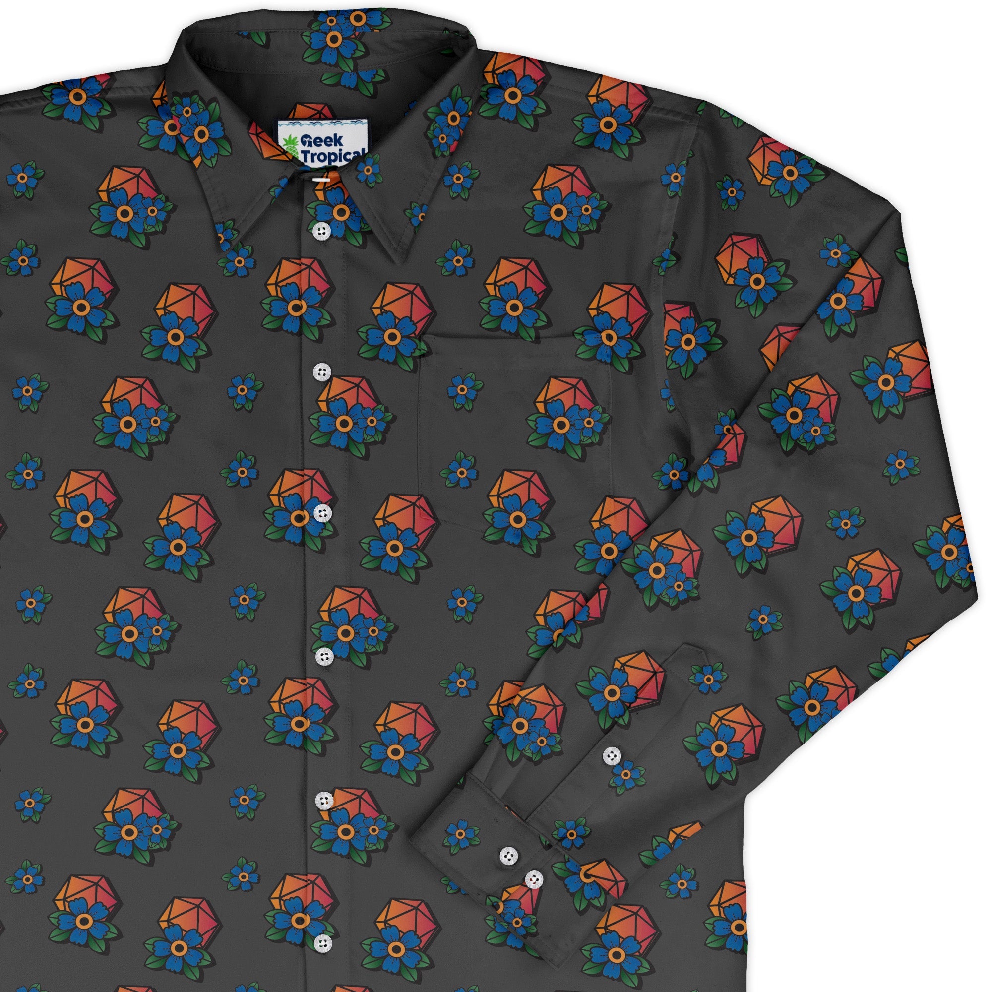 D20 Floral Hawaiian Gray Long Sleeve Button Up Shirt Geek Nerd adult sizing Design by Heather Davenport dnd & rpg print