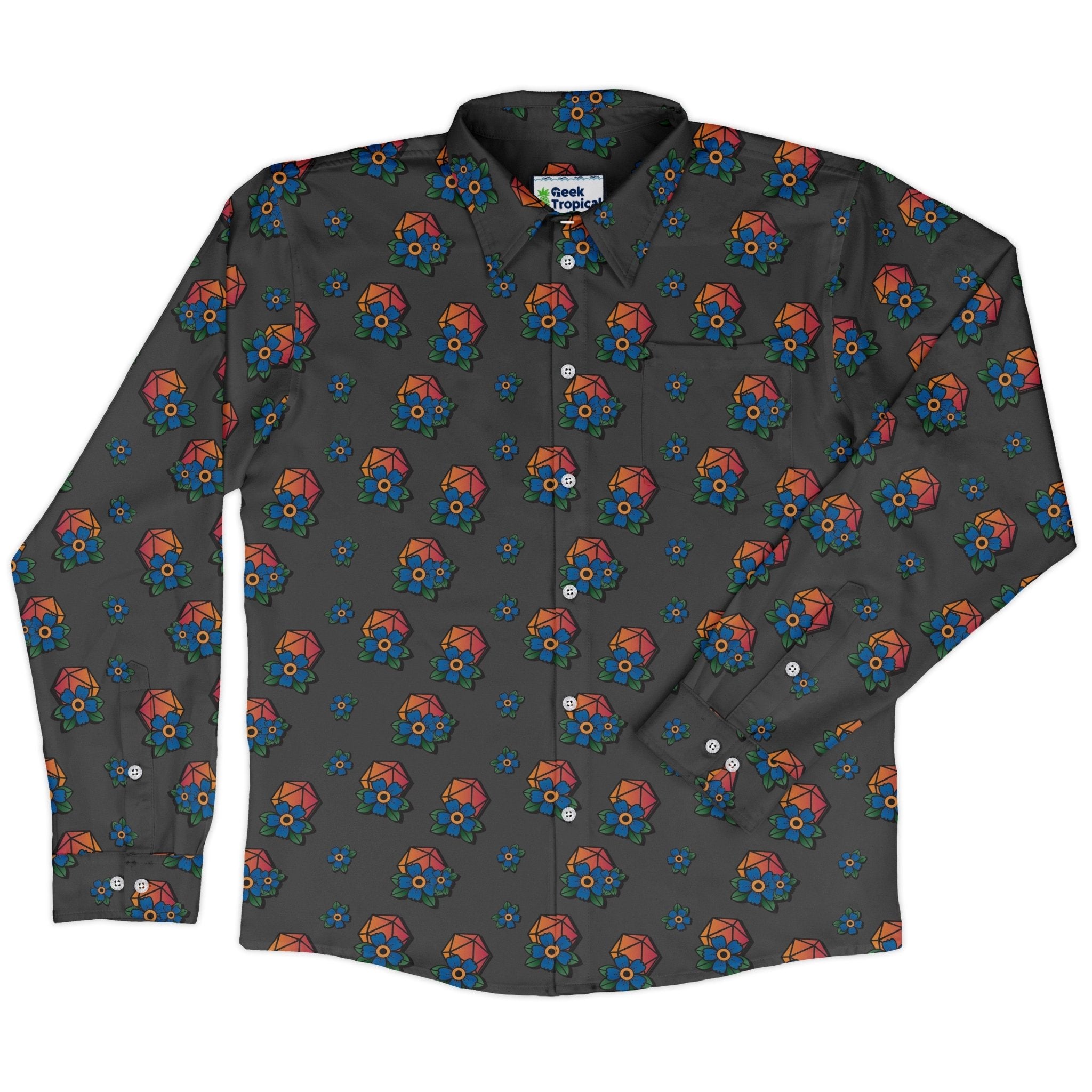 D20 Floral Hawaiian Gray Long Sleeve Button Up Shirt Geek Nerd adult sizing Design by Heather Davenport dnd & rpg print