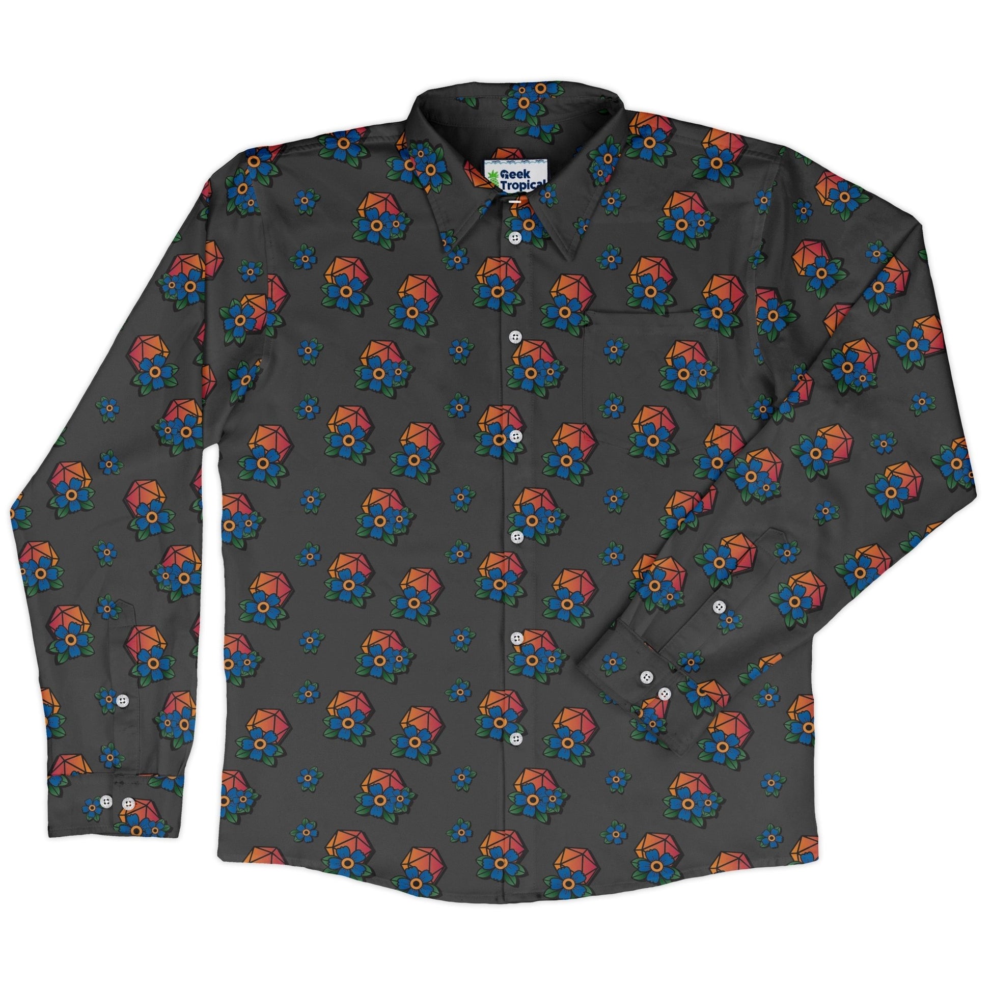 D20 Floral Hawaiian Gray Long Sleeve Button Up Shirt Geek Nerd adult sizing Design by Heather Davenport dnd & rpg print