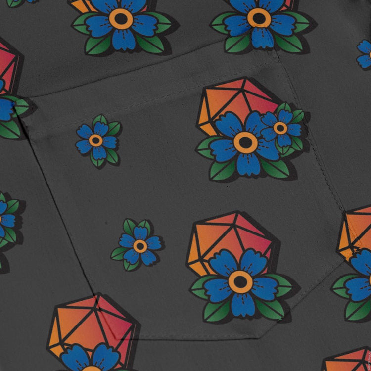 D20 Floral Hawaiian Gray Long Sleeve Button Up Shirt Geek Nerd adult sizing Design by Heather Davenport dnd & rpg print
