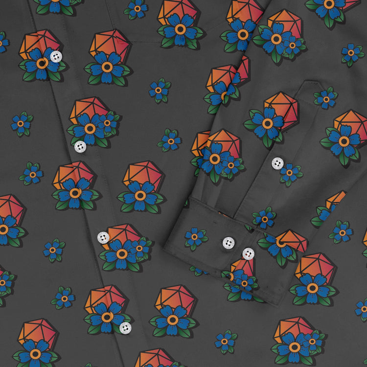 D20 Floral Hawaiian Gray Long Sleeve Button Up Shirt Geek Nerd adult sizing Design by Heather Davenport dnd & rpg print