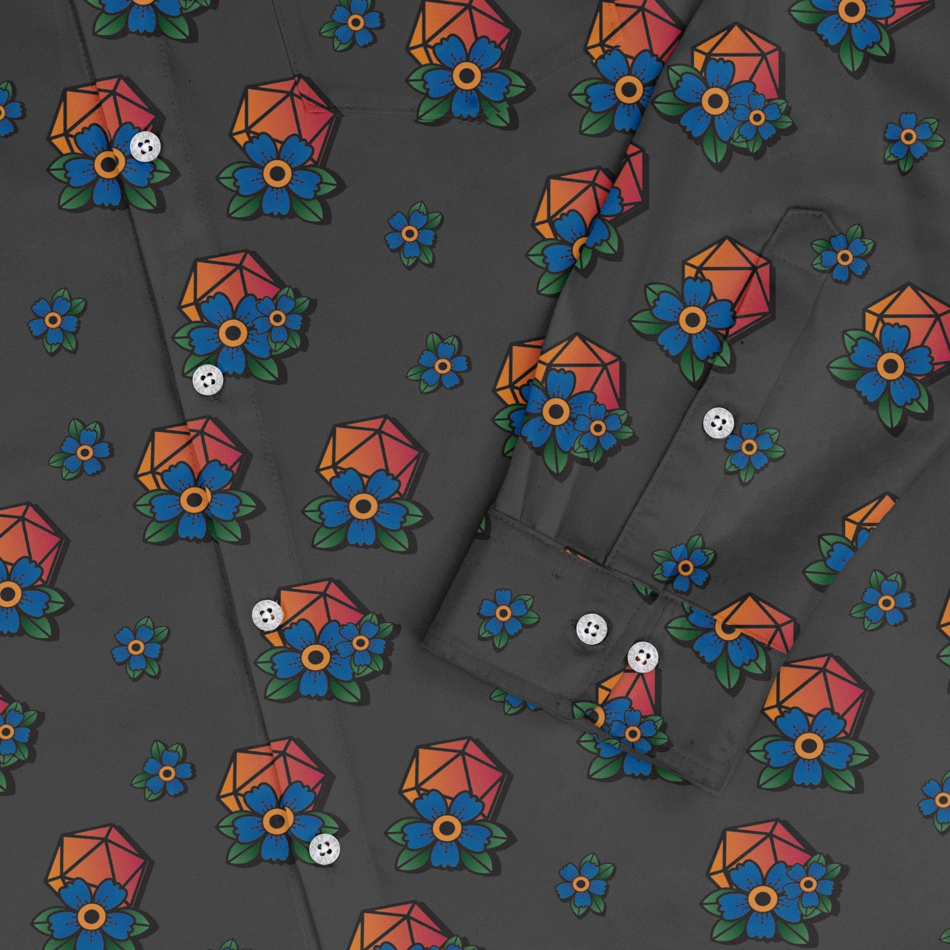 D20 Floral Hawaiian Gray Long Sleeve Button Up Shirt Geek Nerd adult sizing Design by Heather Davenport dnd & rpg print