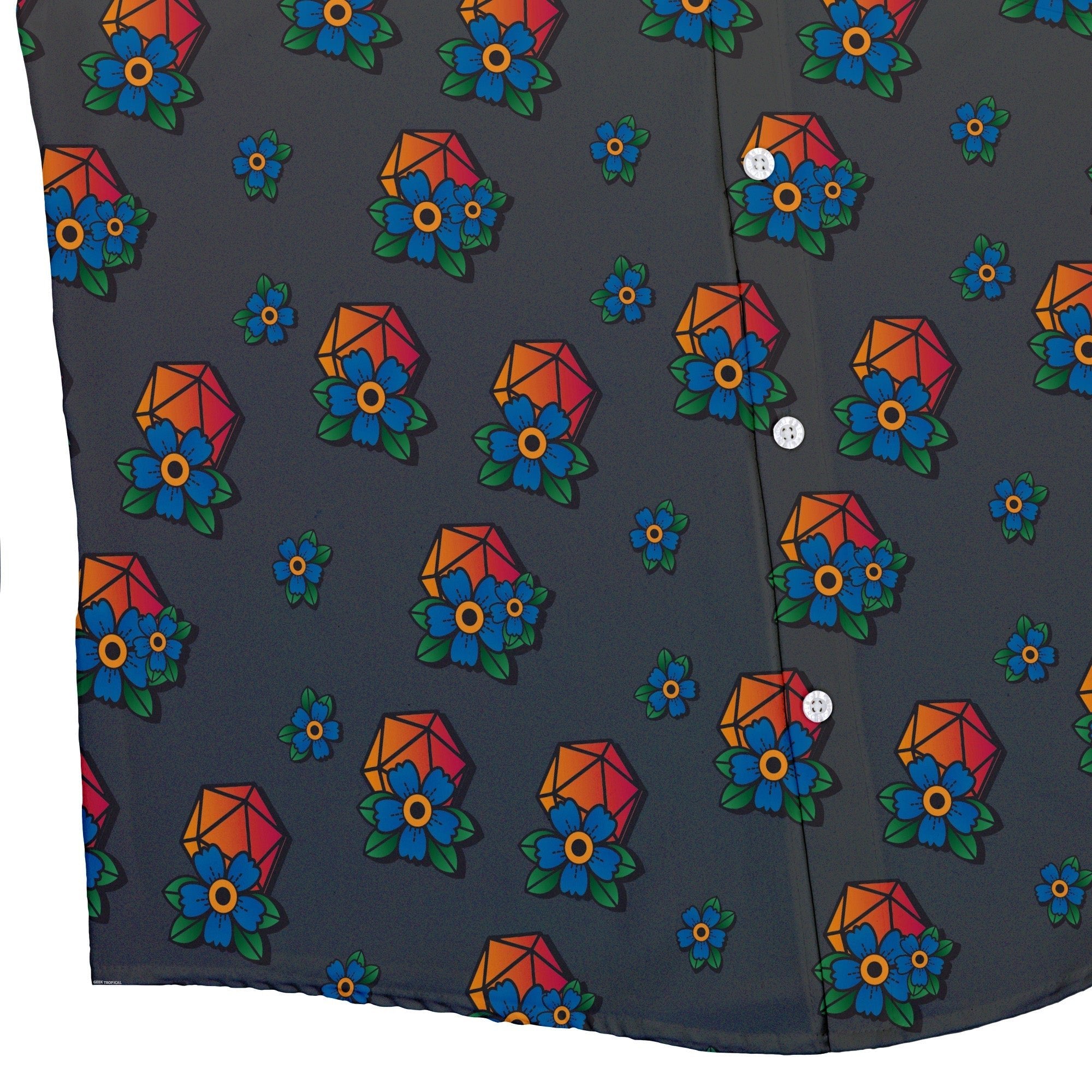 D20 Floral Hawaiian Gray Button Up Shirt - adult sizing - Design by Heather Davenport - dnd & rpg print