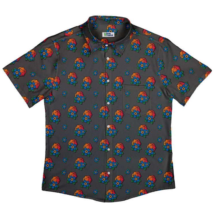 D20 Floral Hawaiian Gray Button Up Shirt - adult sizing - Design by Heather Davenport - dnd & rpg print