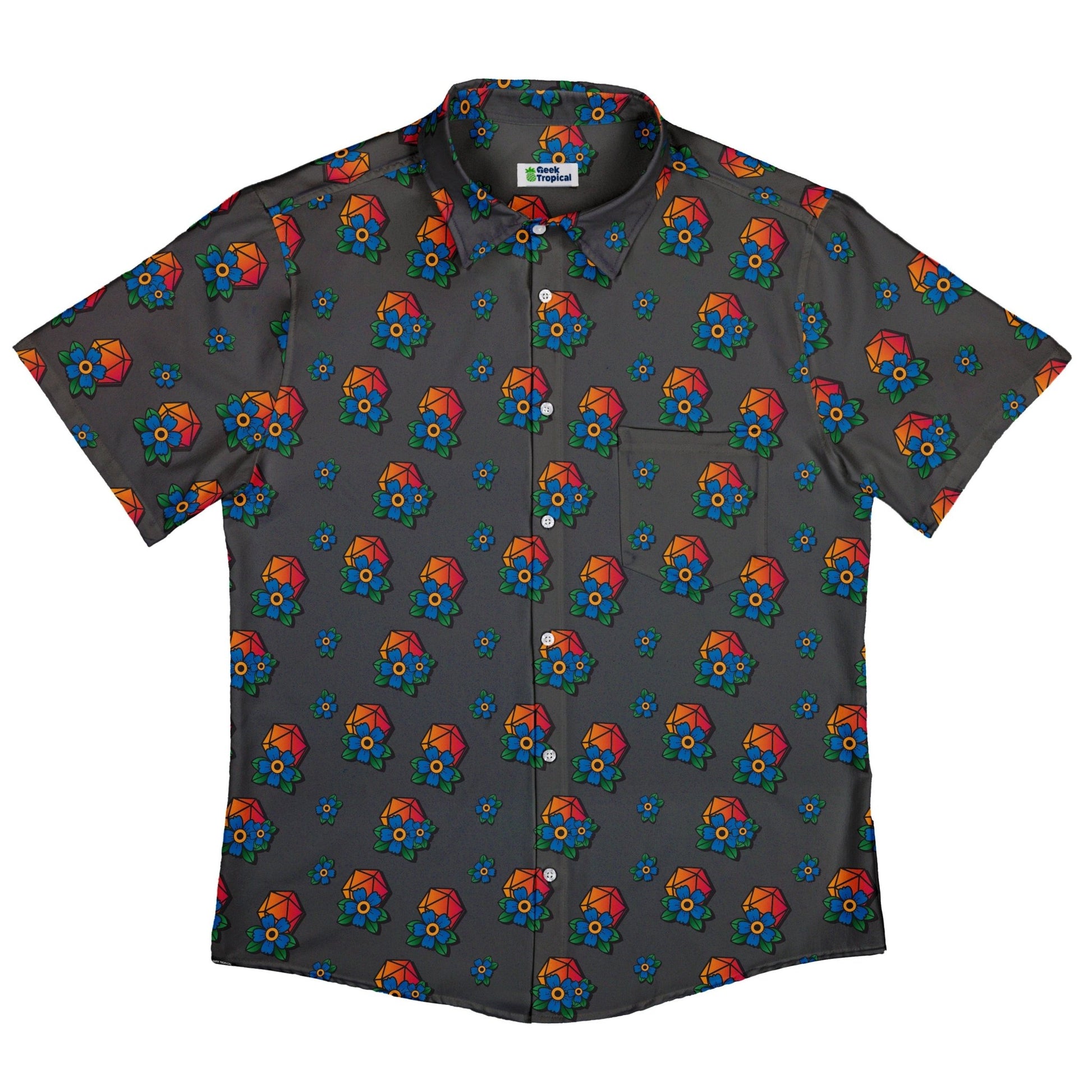 D20 Floral Hawaiian Gray Button Up Shirt - adult sizing - Design by Heather Davenport - dnd & rpg print