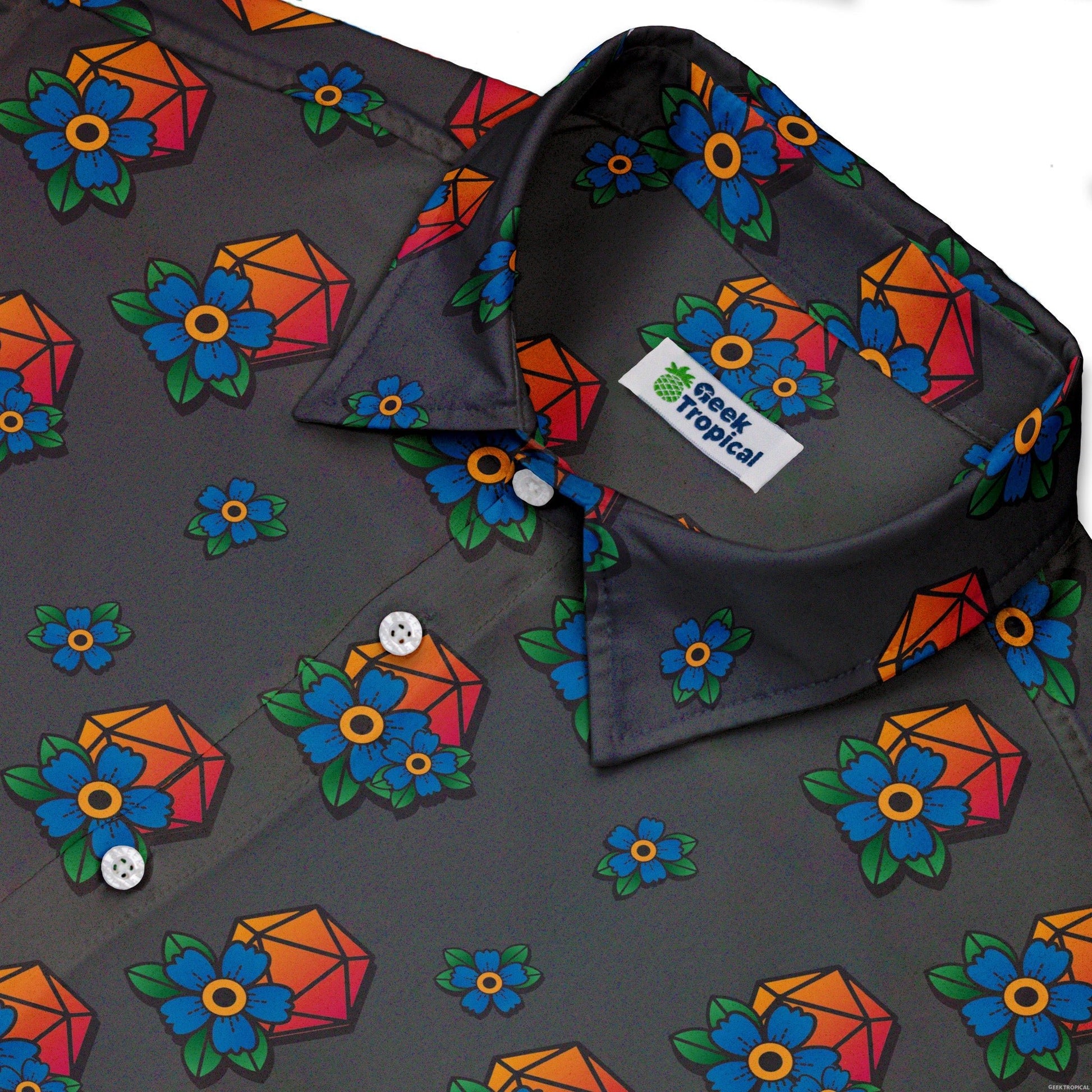D20 Floral Hawaiian Gray Button Up Shirt - adult sizing - Design by Heather Davenport - dnd & rpg print