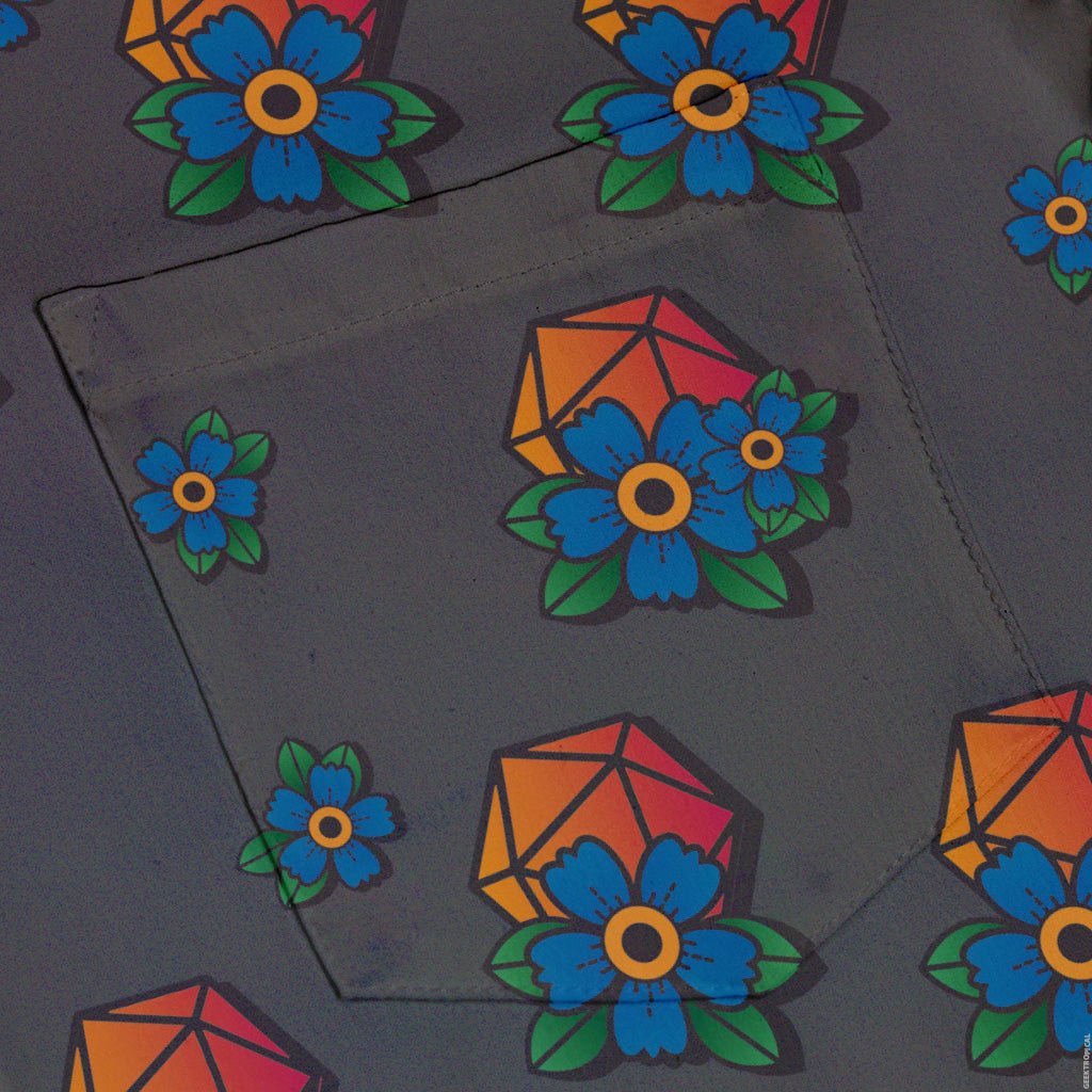 D20 Floral Hawaiian Gray Button Up Shirt - adult sizing - Design by Heather Davenport - dnd & rpg print