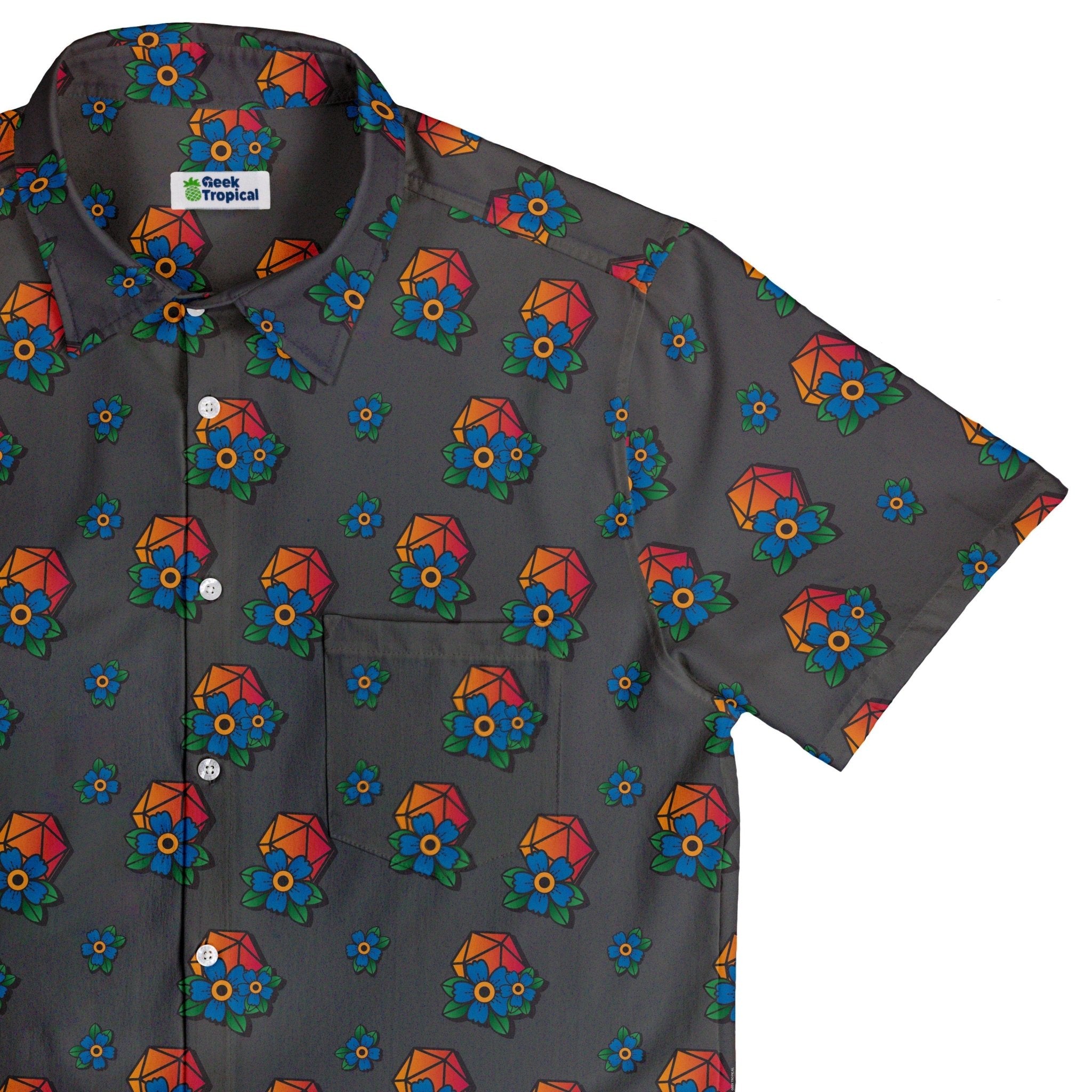 D20 Floral Hawaiian Gray Button Up Shirt - adult sizing - Design by Heather Davenport - dnd & rpg print