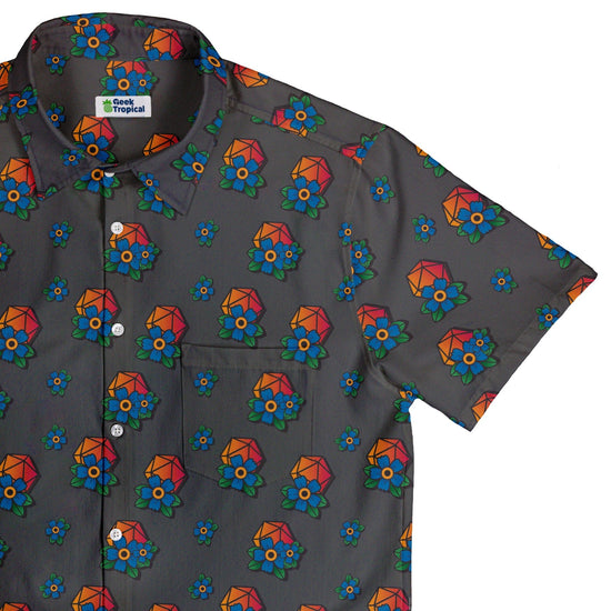 D20 Floral Hawaiian Gray Button Up Shirt - adult sizing - Design by Heather Davenport - dnd & rpg print