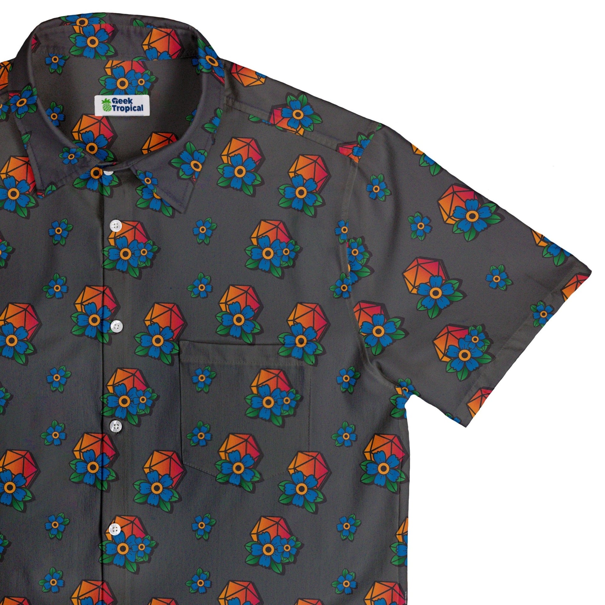 D20 Floral Hawaiian Gray Button Up Shirt - adult sizing - Design by Heather Davenport - dnd & rpg print