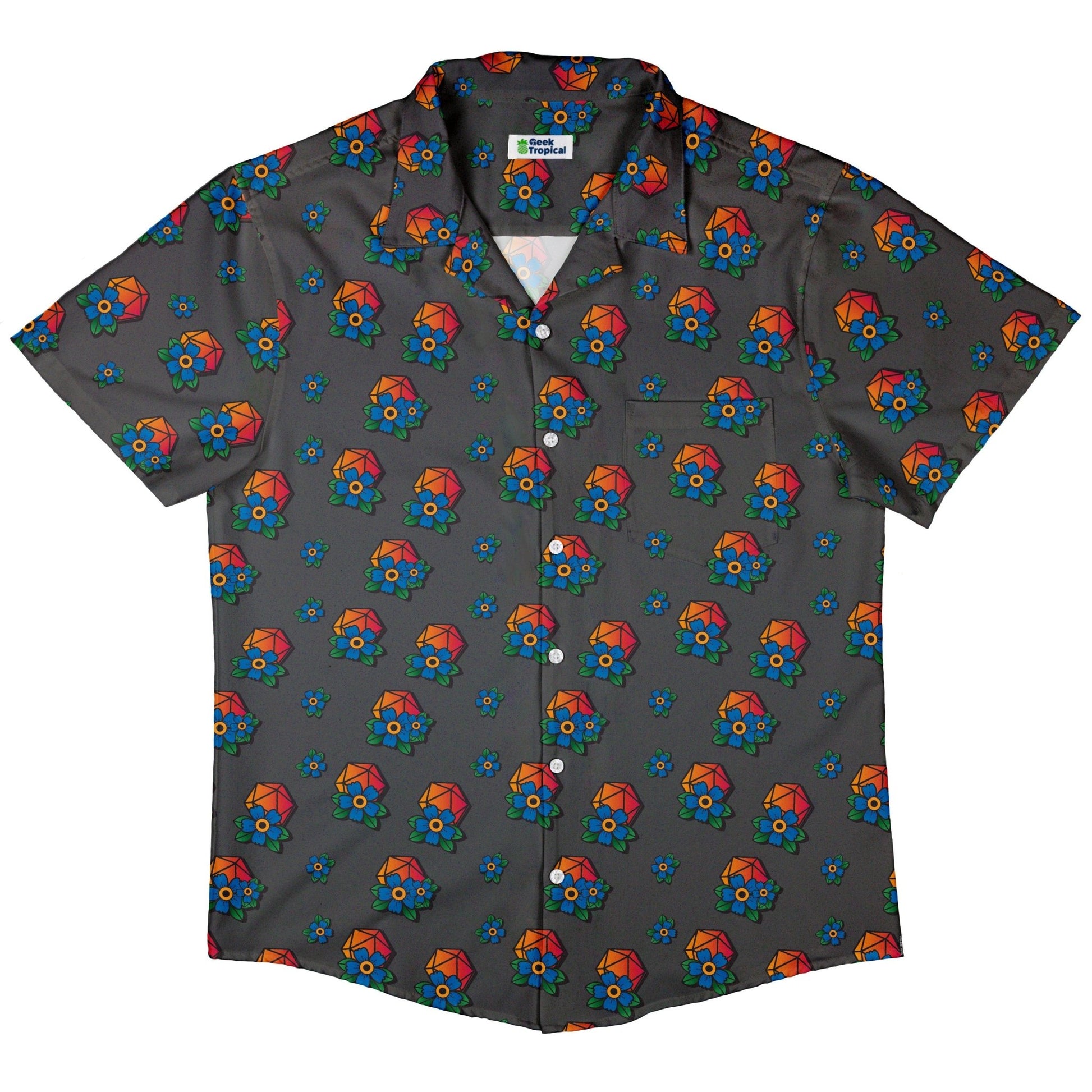 D20 Floral Hawaiian Gray Button Up Shirt - adult sizing - Design by Heather Davenport - dnd & rpg print