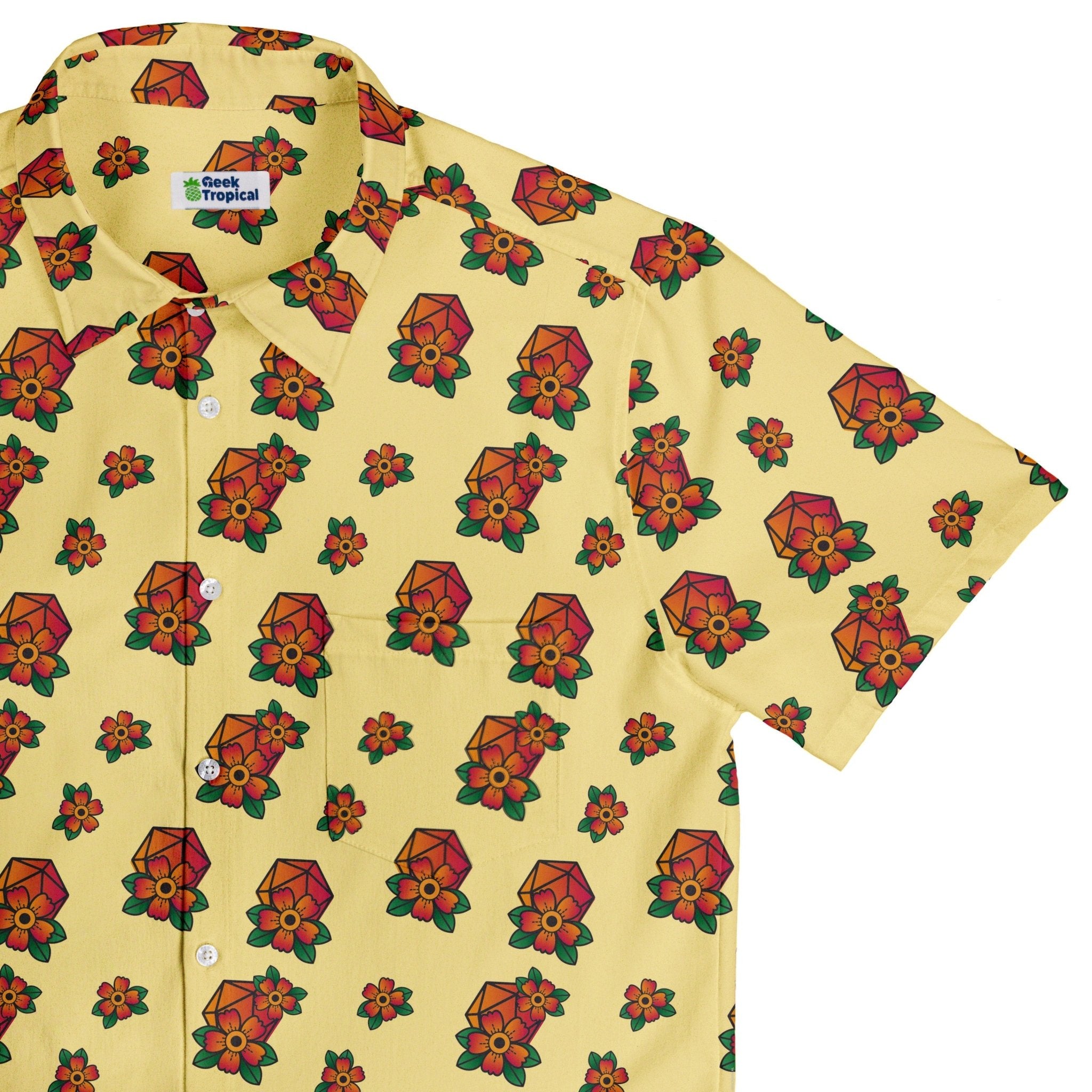 D20 Floral Hawaiian Yellow Button Up Shirt - adult sizing - Design by Heather Davenport - dnd & rpg print