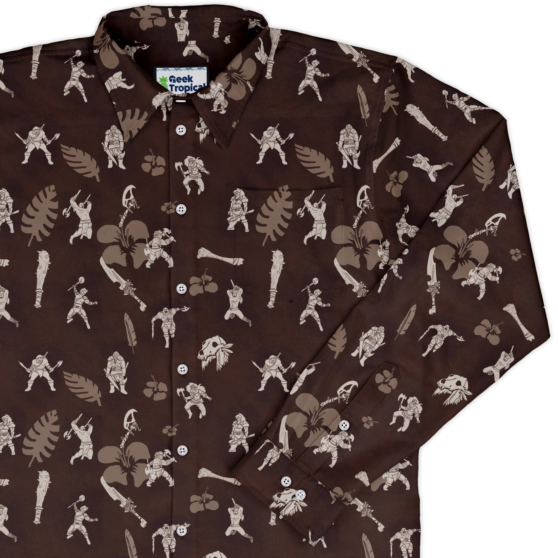 DND Barbarian Class Hawaiian Long Sleeve Button Up Shirt Geek Nerd adult sizing Designs by Nathan dnd & rpg print