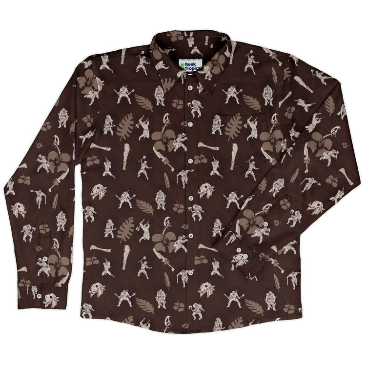 DND Barbarian Class Hawaiian Long Sleeve Button Up Shirt Geek Nerd adult sizing Designs by Nathan dnd & rpg print