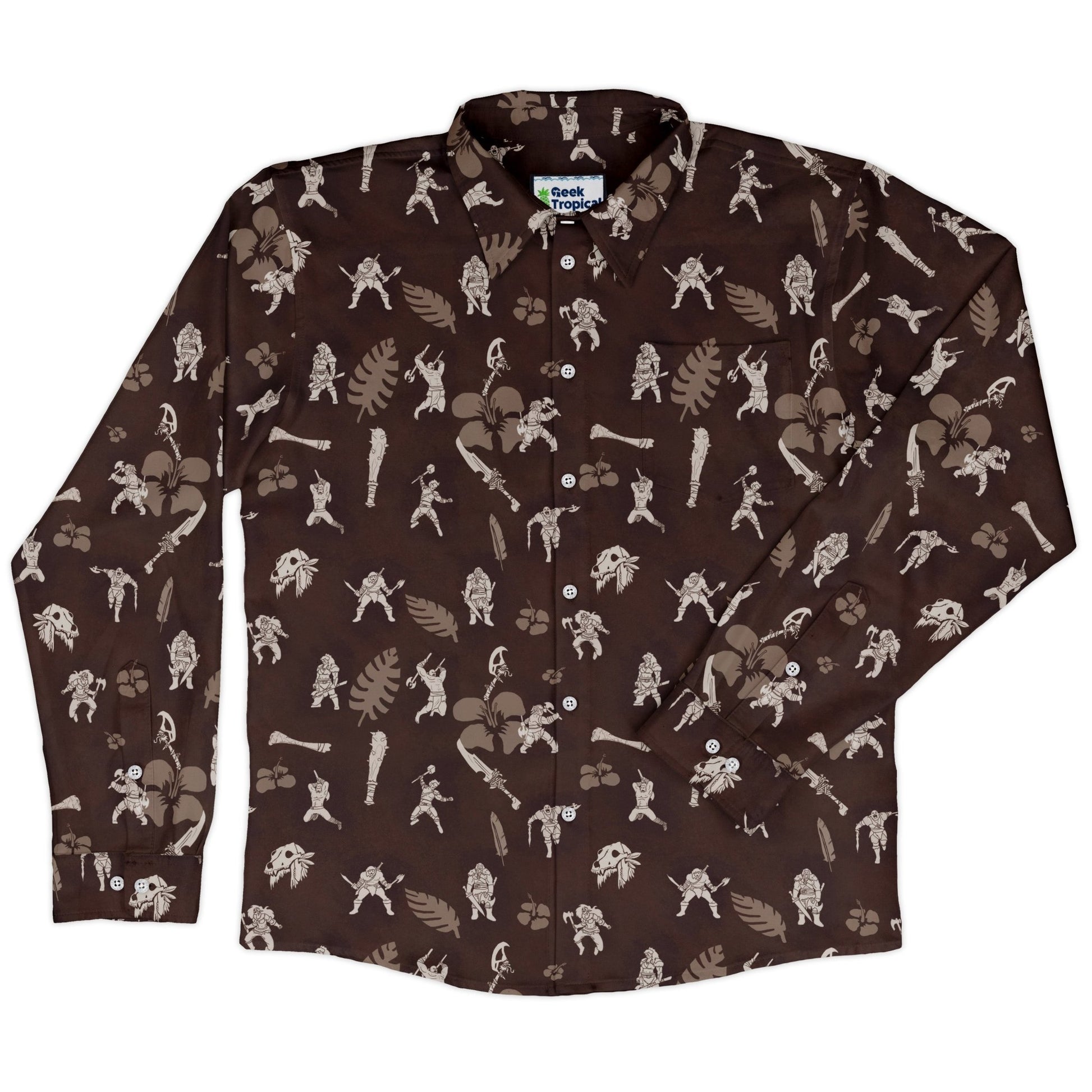 DND Barbarian Class Hawaiian Long Sleeve Button Up Shirt Geek Nerd adult sizing Designs by Nathan dnd & rpg print