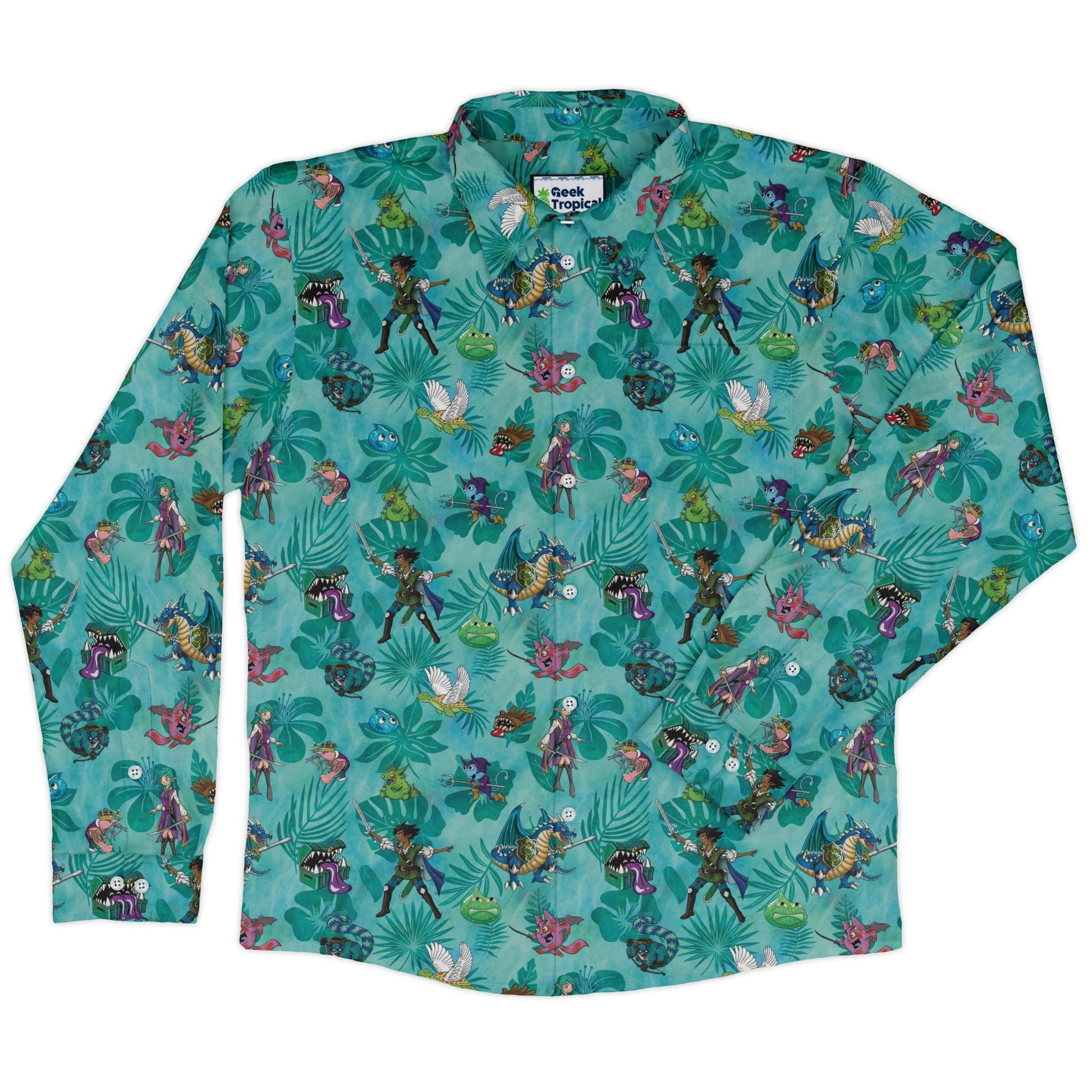 DND Cartoon Quest Long Sleeve Button Up Shirt Geek Nerd adult sizing Designs by Nathan dnd & rpg print