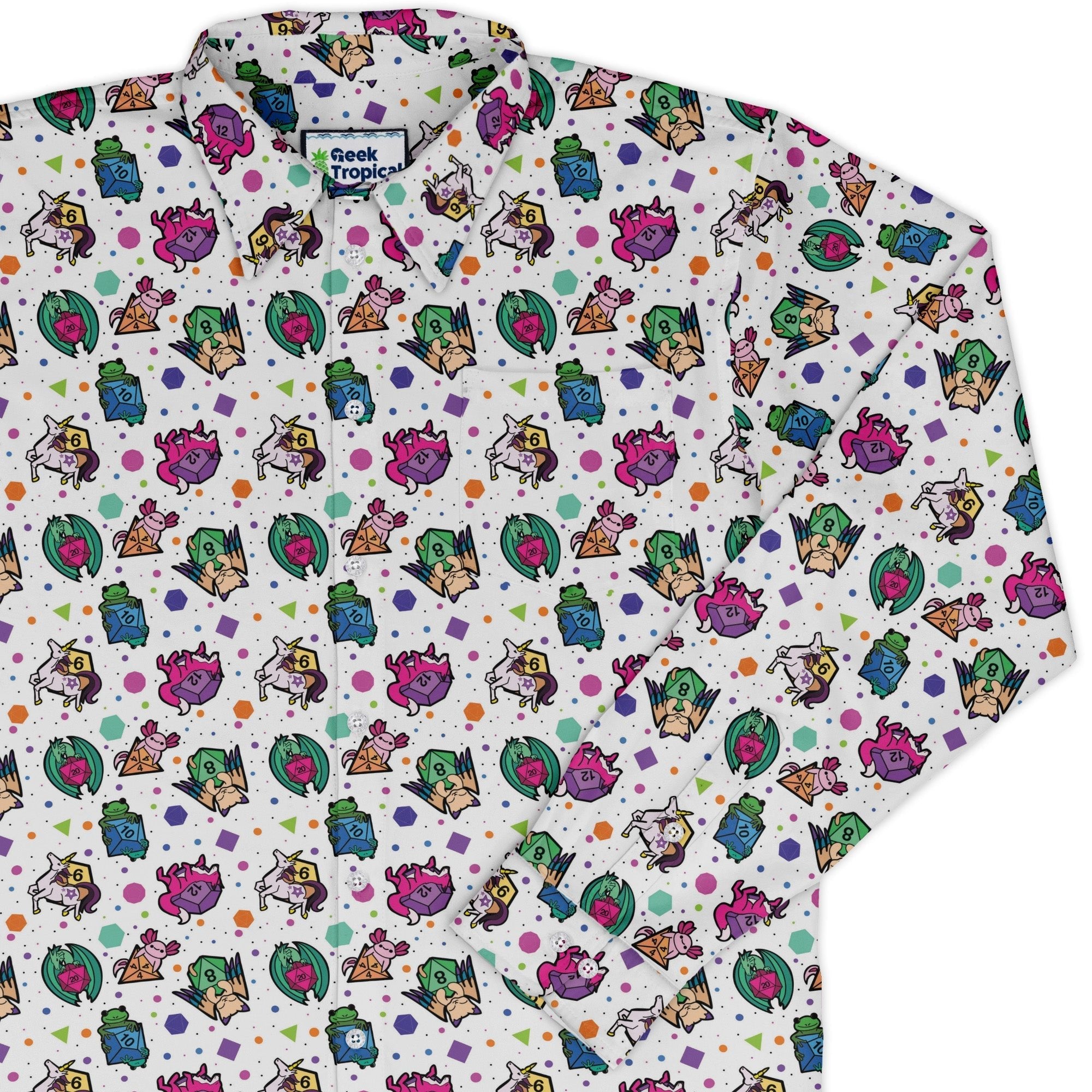 DND Dice Critters Colors Long Sleeve Button Up Shirt Geek Nerd adult sizing Animal Patterns Designed by Rose Khan