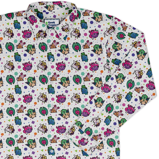 DND Dice Critters Colors Long Sleeve Button Up Shirt Geek Nerd adult sizing Animal Patterns Designed by Rose Khan