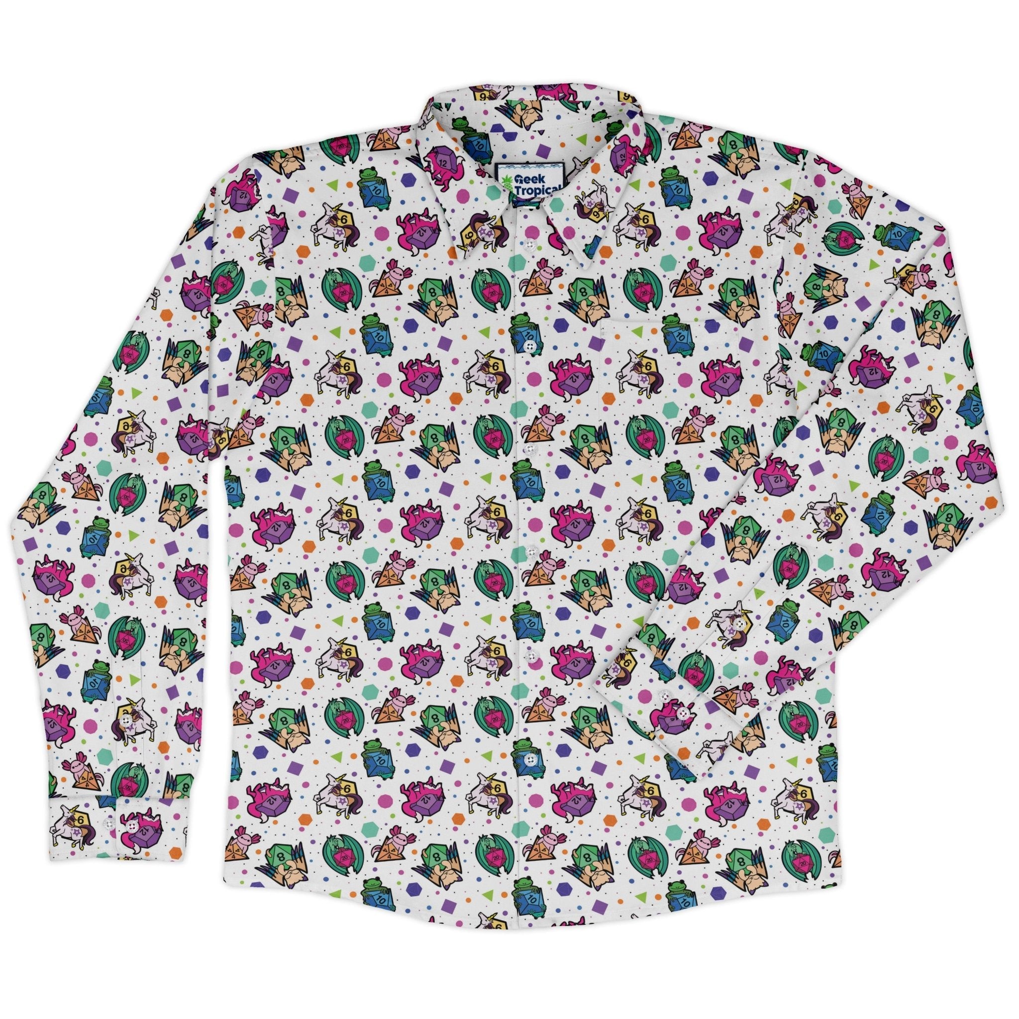 DND Dice Critters Colors Long Sleeve Button Up Shirt Geek Nerd adult sizing Animal Patterns Designed by Rose Khan