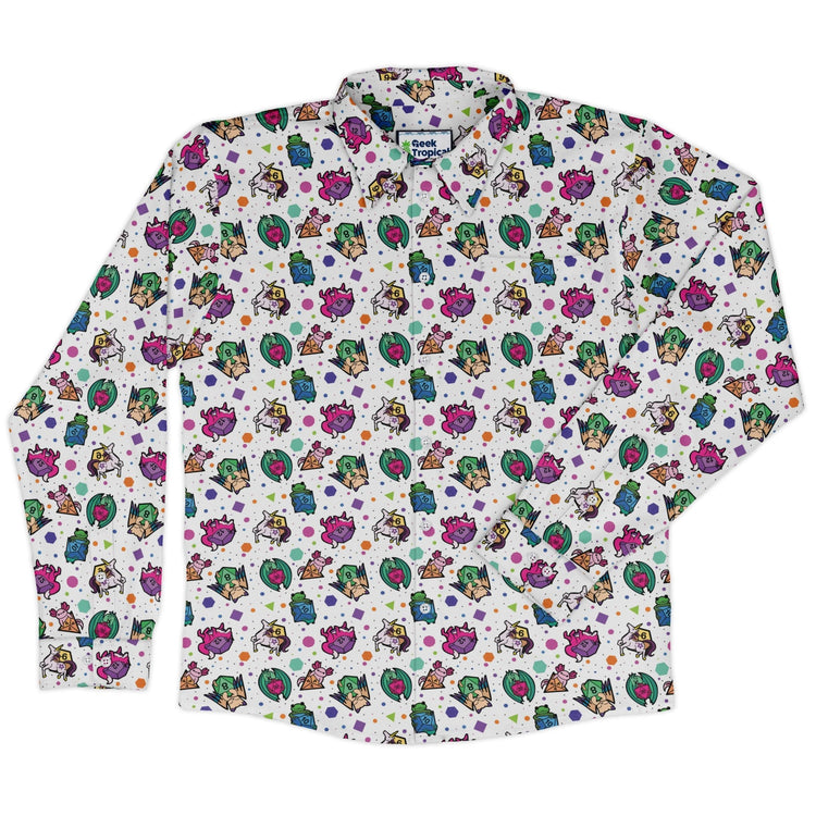 DND Dice Critters Colors Long Sleeve Button Up Shirt Geek Nerd adult sizing Animal Patterns Designed by Rose Khan