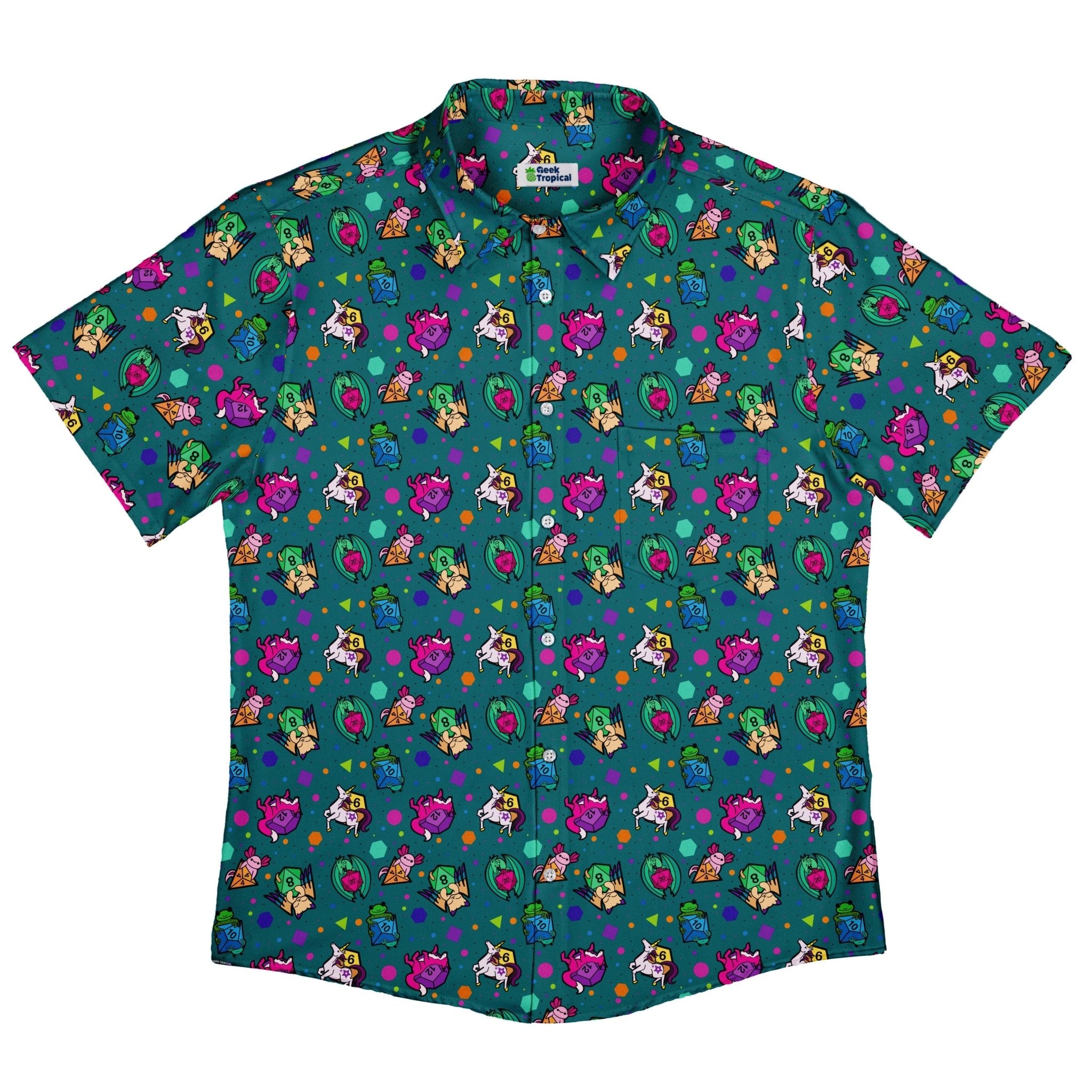 Dnd Dice Critters Teal Button Up Shirt - adult sizing - Animal Patterns - Designed by Rose Khan