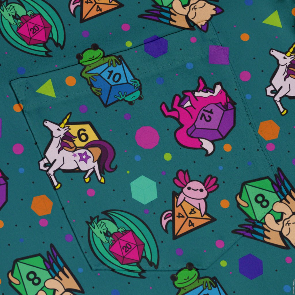 Dnd Dice Critters Teal Button Up Shirt - adult sizing - Animal Patterns - Designed by Rose Khan