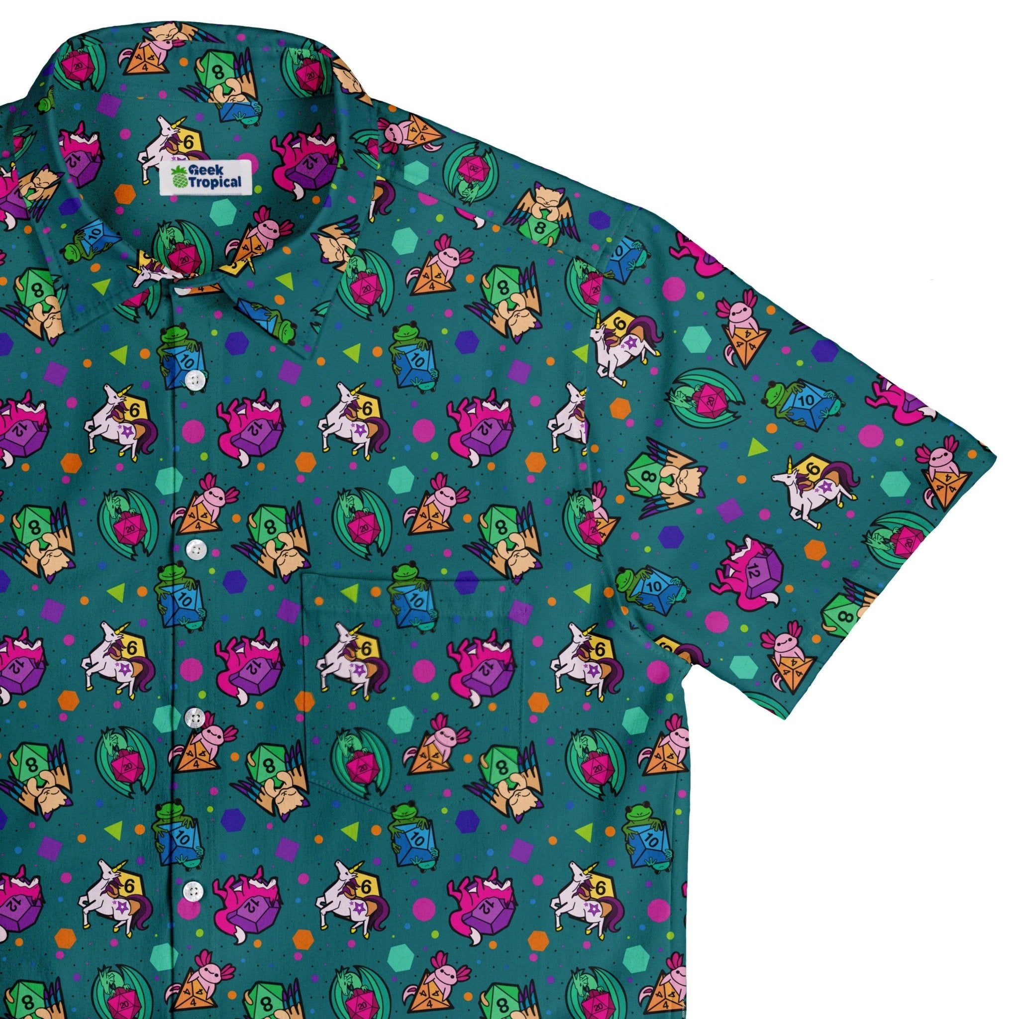 Dnd Dice Critters Teal Button Up Shirt - adult sizing - Animal Patterns - Designed by Rose Khan