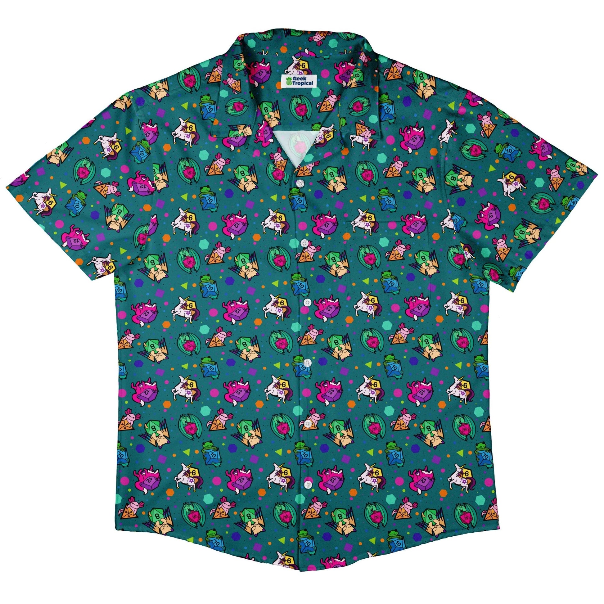 Dnd Dice Critters Teal Button Up Shirt - adult sizing - Animal Patterns - Designed by Rose Khan