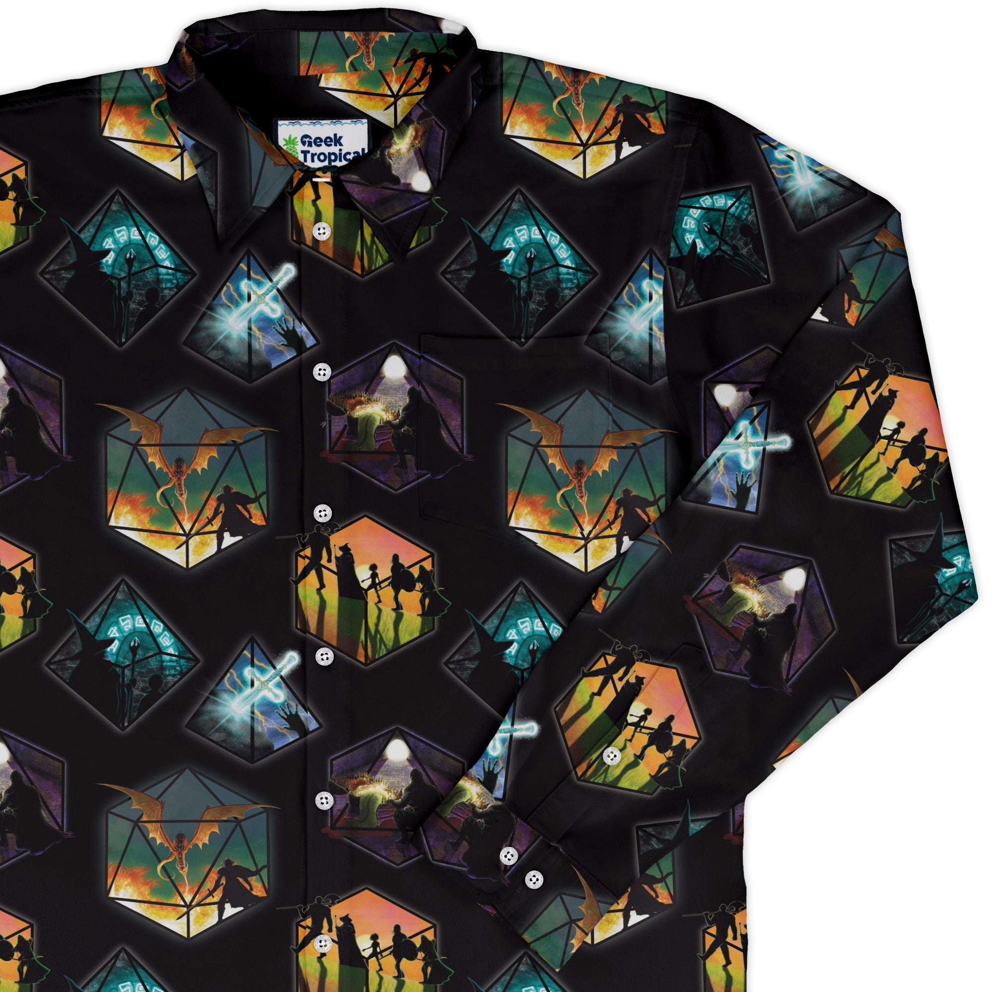 DND Party Campaign Long Sleeve Button Up Shirt Geek Nerd adult sizing Designs by Nathan dnd & rpg print