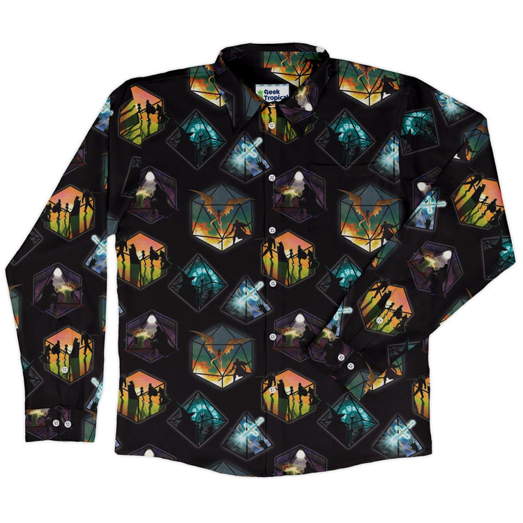 DND Party Campaign Long Sleeve Button Up Shirt Geek Nerd adult sizing Designs by Nathan dnd & rpg print