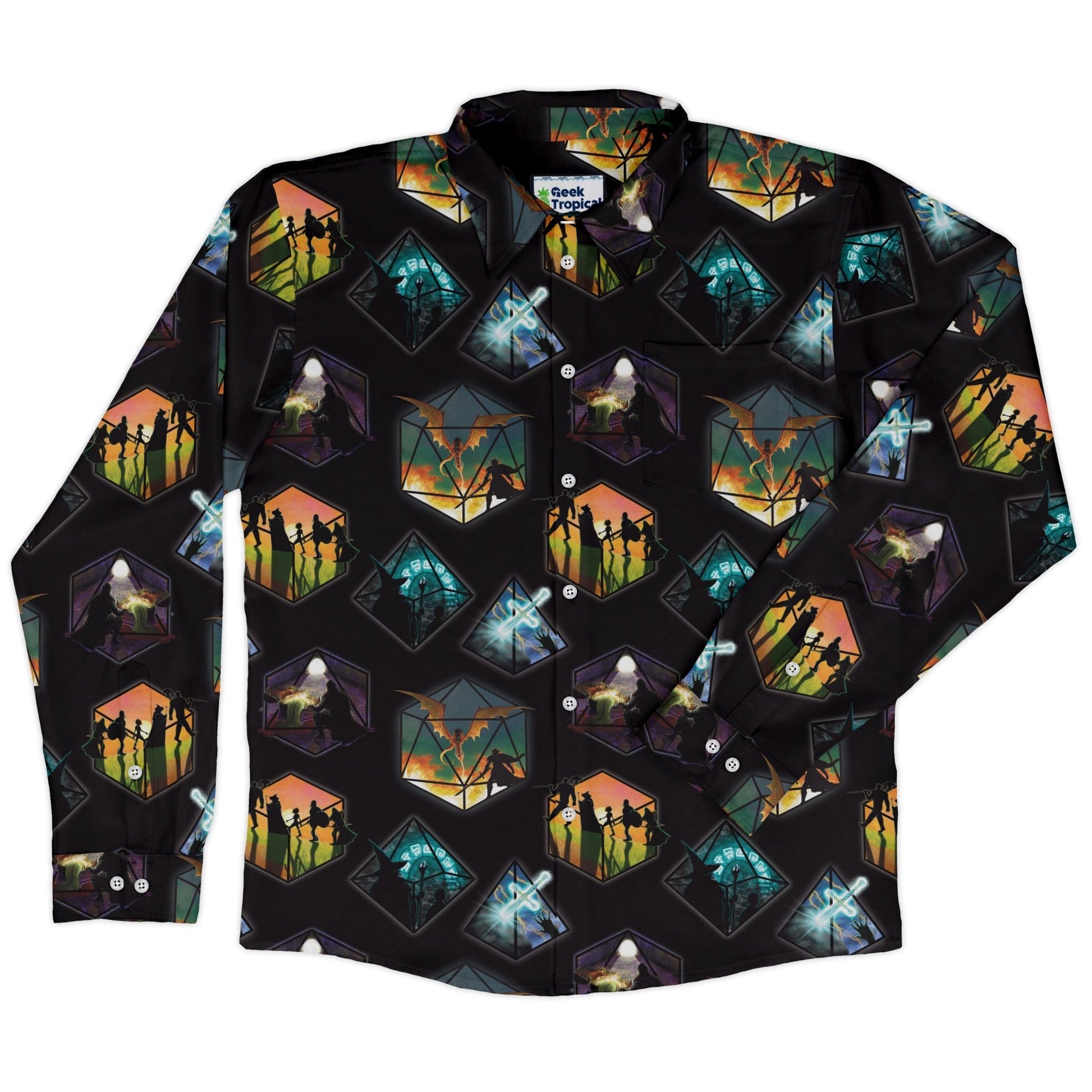 DND Party Campaign Long Sleeve Button Up Shirt Geek Nerd adult sizing Designs by Nathan dnd & rpg print